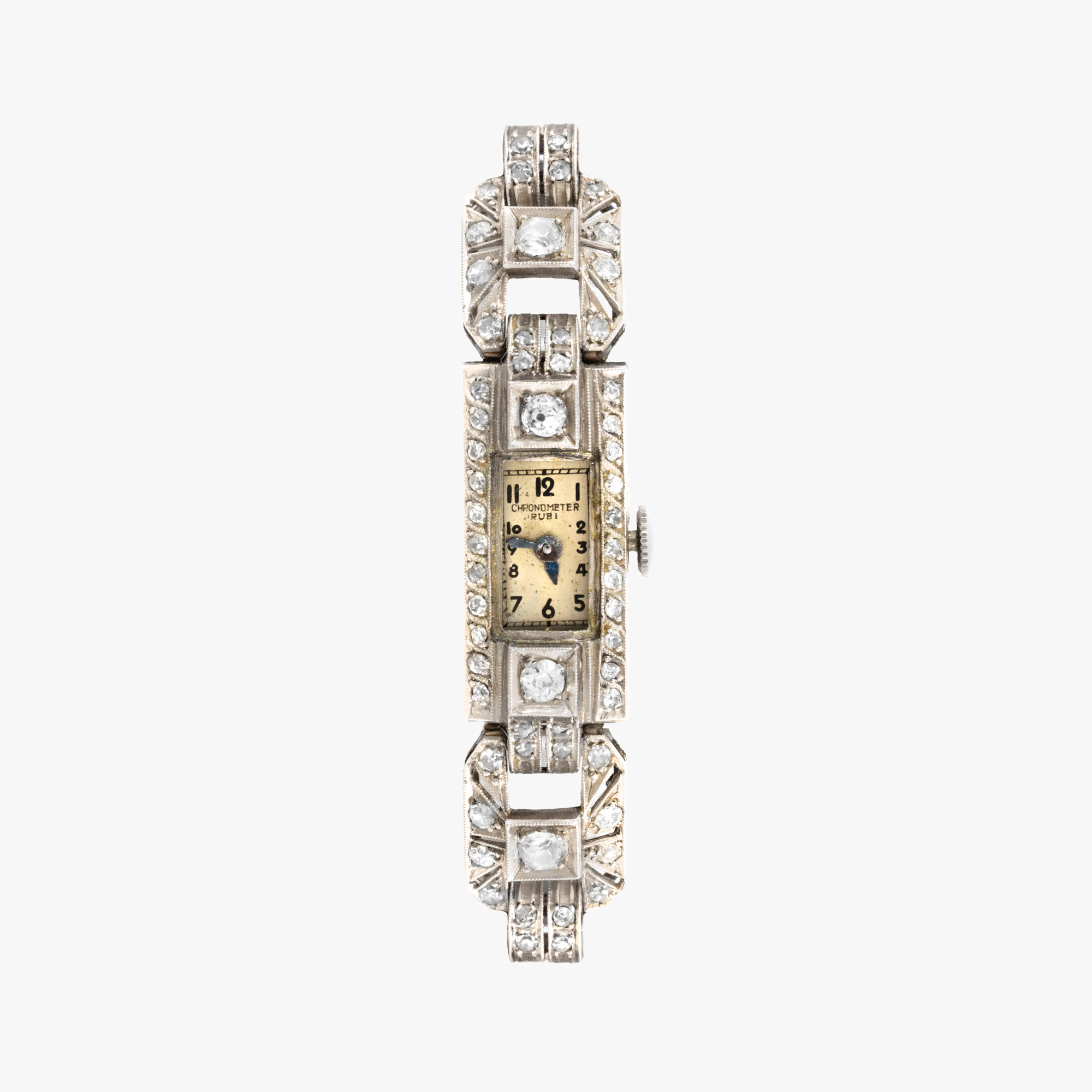 Ceas Art Deco, din aur alb, pavat cu multitudine de diamante 