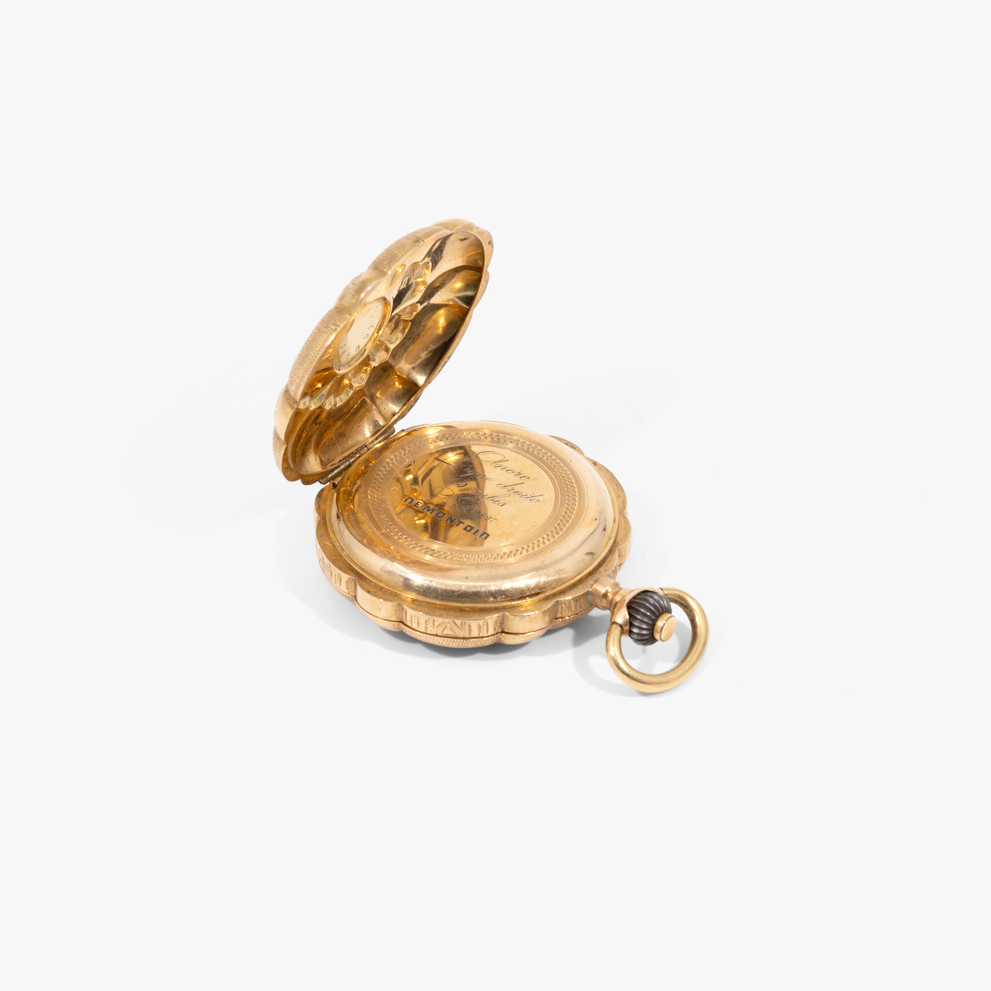 Ceas din aur, de buzunar, decorat cu email și motive vegetale