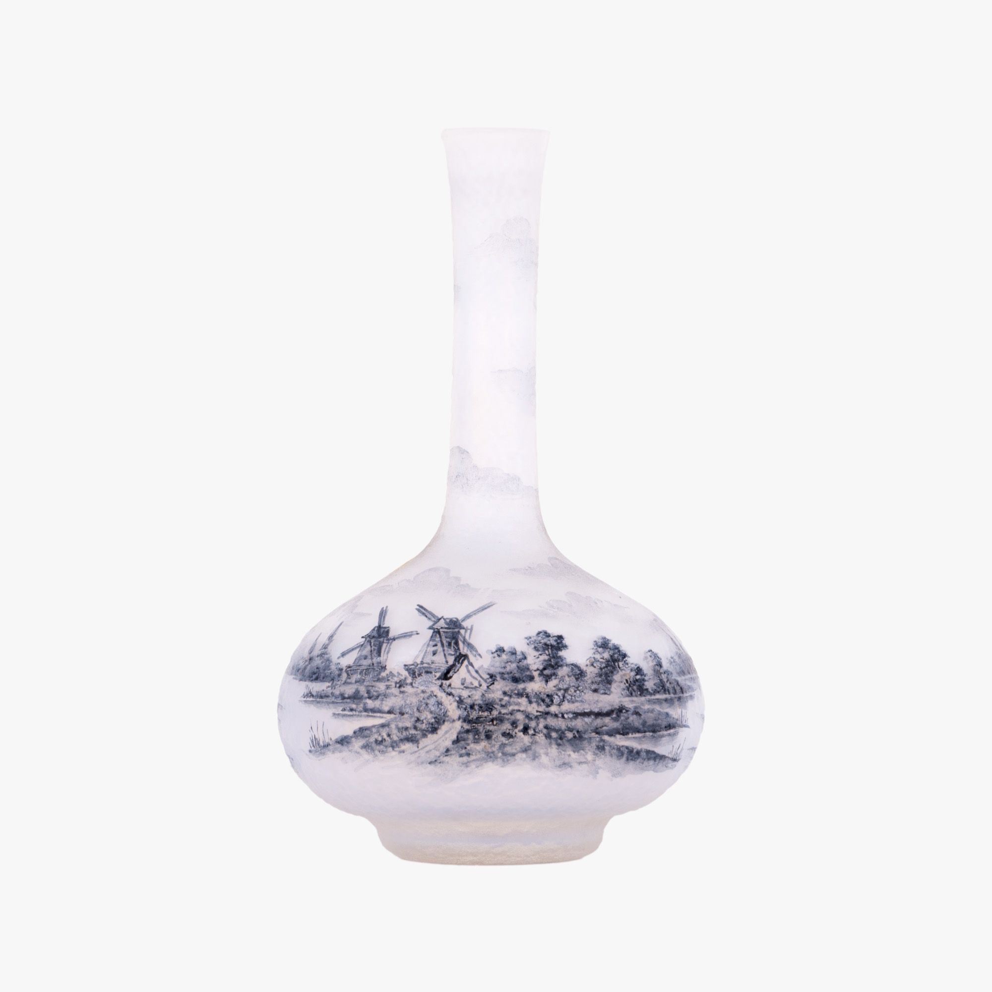 "Delft" - vas miniatural Daum Nancy, din sticlă opalescentă, decorat cu peisaj olandez, cca. 1890