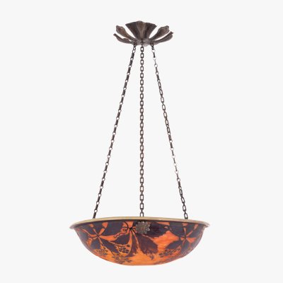 Daum Nancy Ceiling Lamp, adorned with Parthenocissus quinquefolia (Canadian ivy), circa 1910