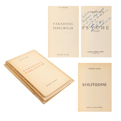 Lot format din ”Psyche”, de Constantin Micu, ediție princeps, București, 1942, ”Solitudini”, de Dimitrie Danciu, ediție princeps, Arad, 1939 și ”Paradisul peregrinar”, de Ion Șiugariu, ediție princeps, București, 1942, cu dedicațiile și semnăturile olografe ale autorilor, provin din colecția Vania Gherghinescu