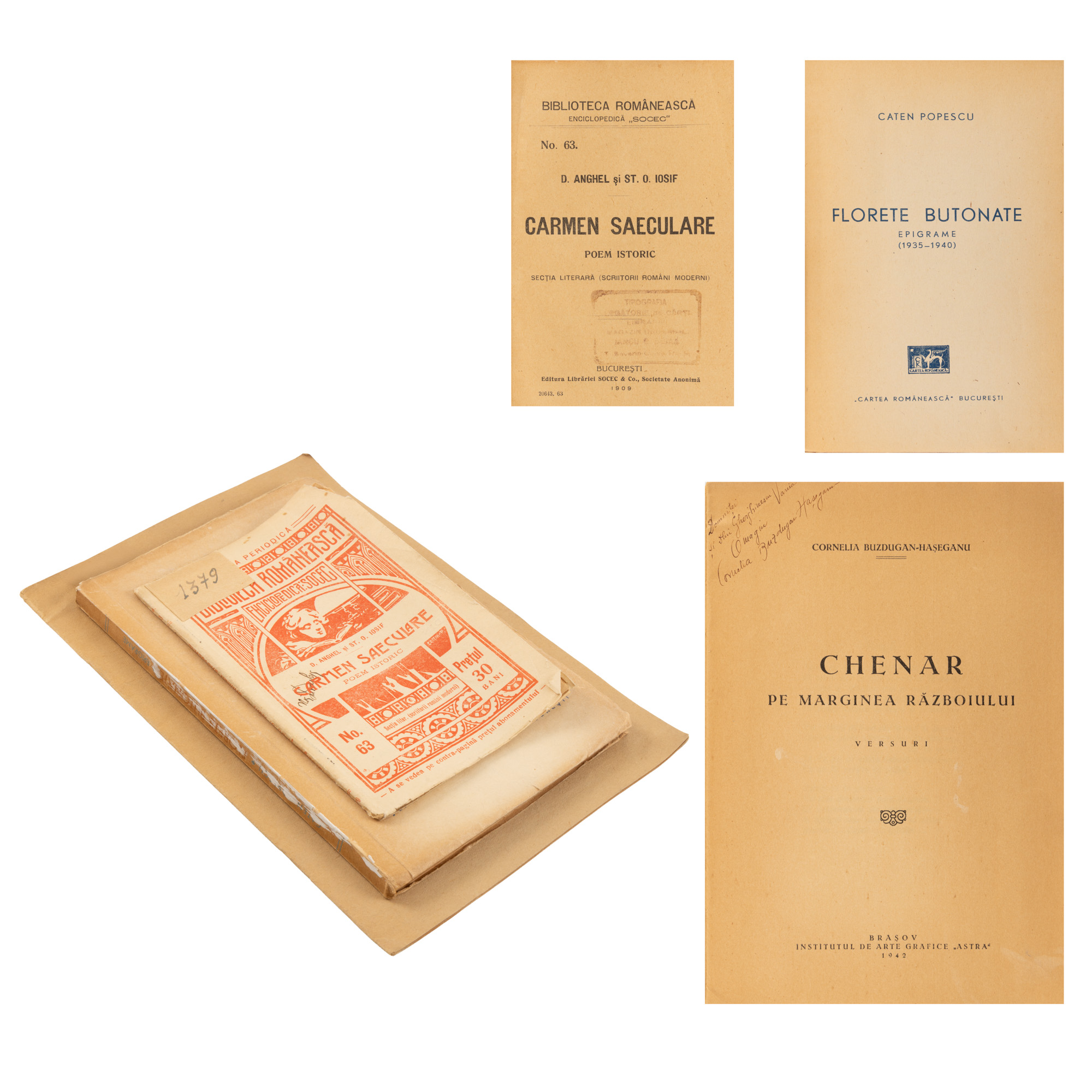 Lot consisting of "Carmen Saeculare", by Dumitru Anghel and Ștefan Octavian Iosif, first edition, Bucharest, 1909, with ex libris, "Buttoned Blooms. Epigrams 1935–1940", by Catin Popescu, first edition, Bucharest, 1943 and "Frame on the Edge of War", by Cornelia Buzdugan-Hașeganu, first edition, Brașov, 1942, with dedications and holographic signatures of the authors, originating from the collection of the writer Vania Gherghinescu.