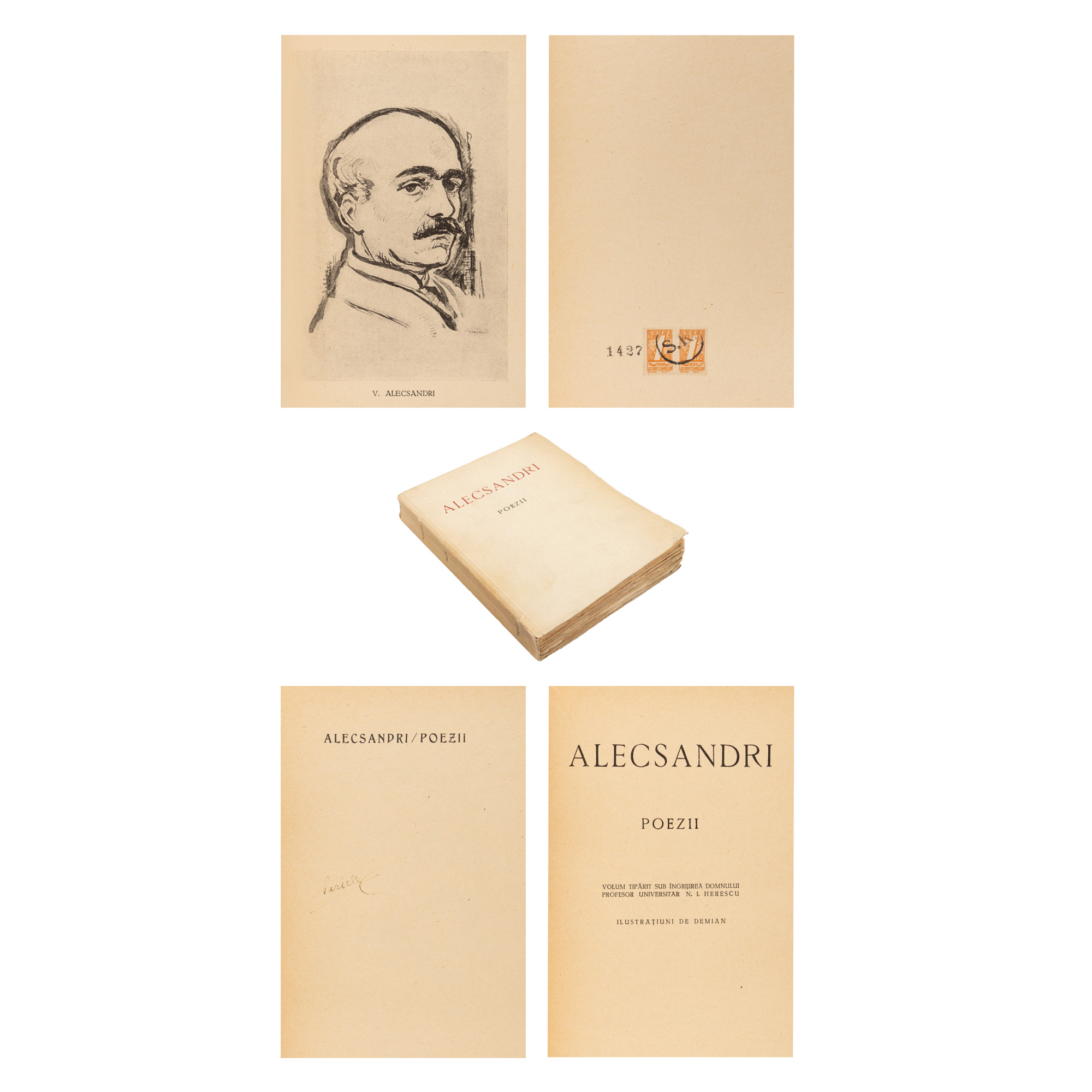 ”Poezii”, de Vasile Alecsandri, ediție omagială a Municipiului București, cu ocazia împlinirii a cinci decenii de la moartea poetului, București, 1940, cu ilustrații de Anastase Demian, ex librisul scriitorului Pericle Martinescu, din a cărui colecție provine