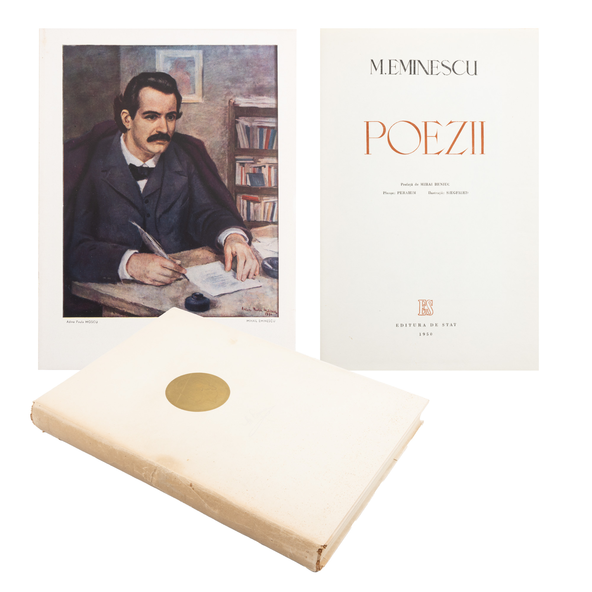 ”Poezii”, de Mihai Eminscu, București, 1950, cu planșe de Jules Perahim și ilustrații de Wladimir Siegfrid, ediție aniversară cu ocazia centenarului nașterii poetului, cu etui, provine din colecția scriitorului Pericle Martinescu