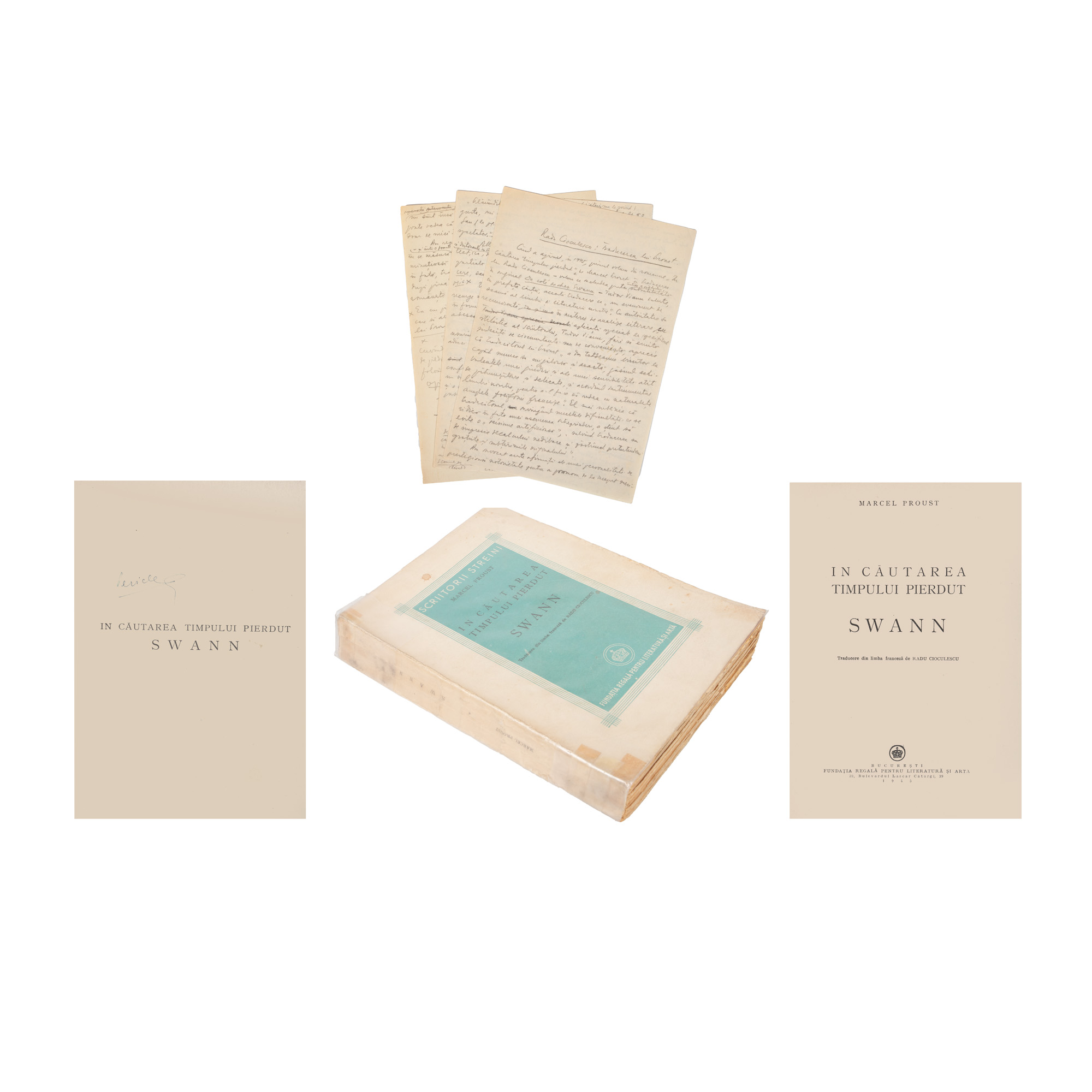Lot consisting of "In Search of Lost Time. Swan", by Marcel Proust, Bucharest, 1945, with the ex libris of the writer Pericle Martinescu, from whose collection also comes a manuscript of his referring to the translation of Proust's work, 1967