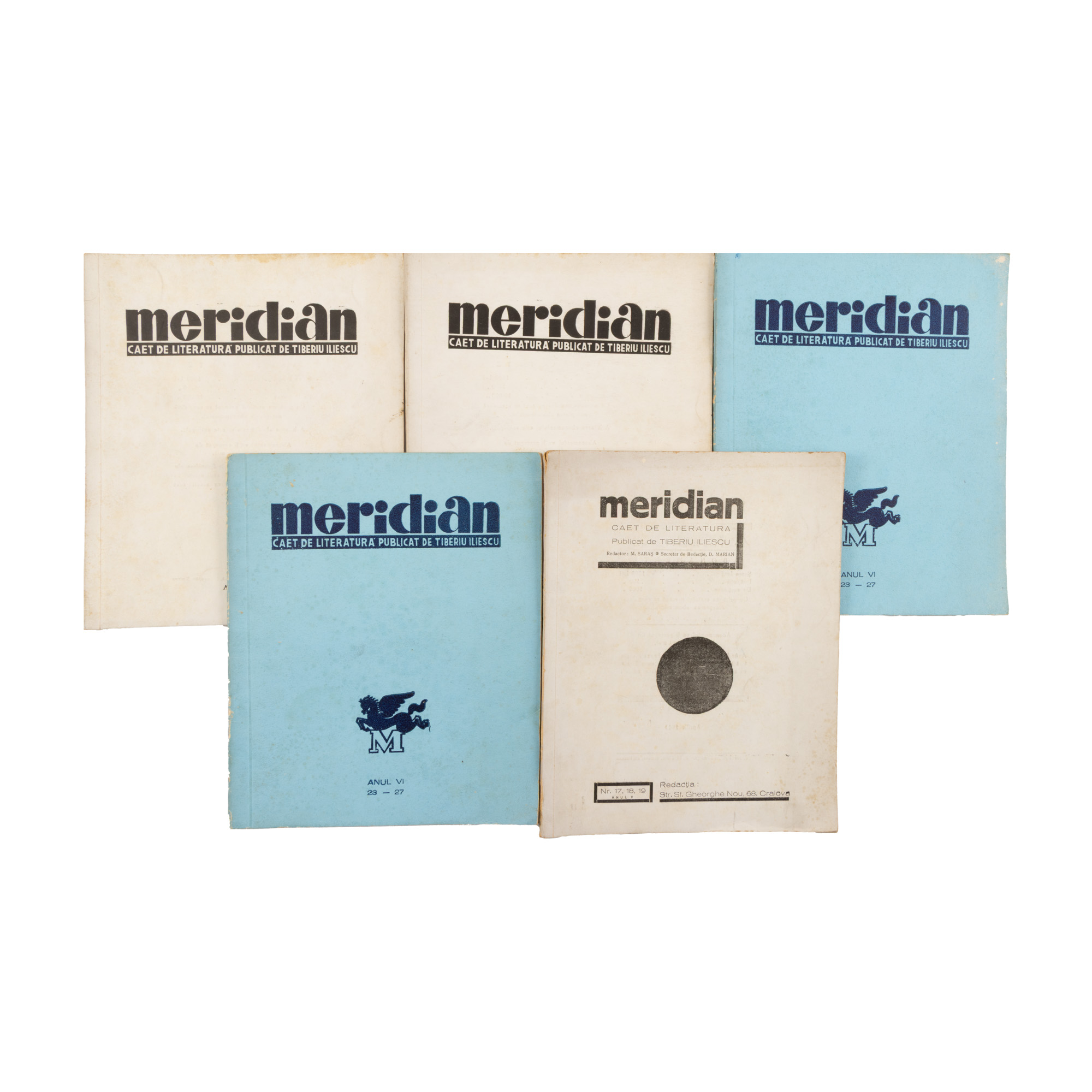 Lot format din 5 numere ale Caietului de literatură ”Meridian”, Craiova, 1939-1940, provin din colecția scriitorului Pericle Martinescu