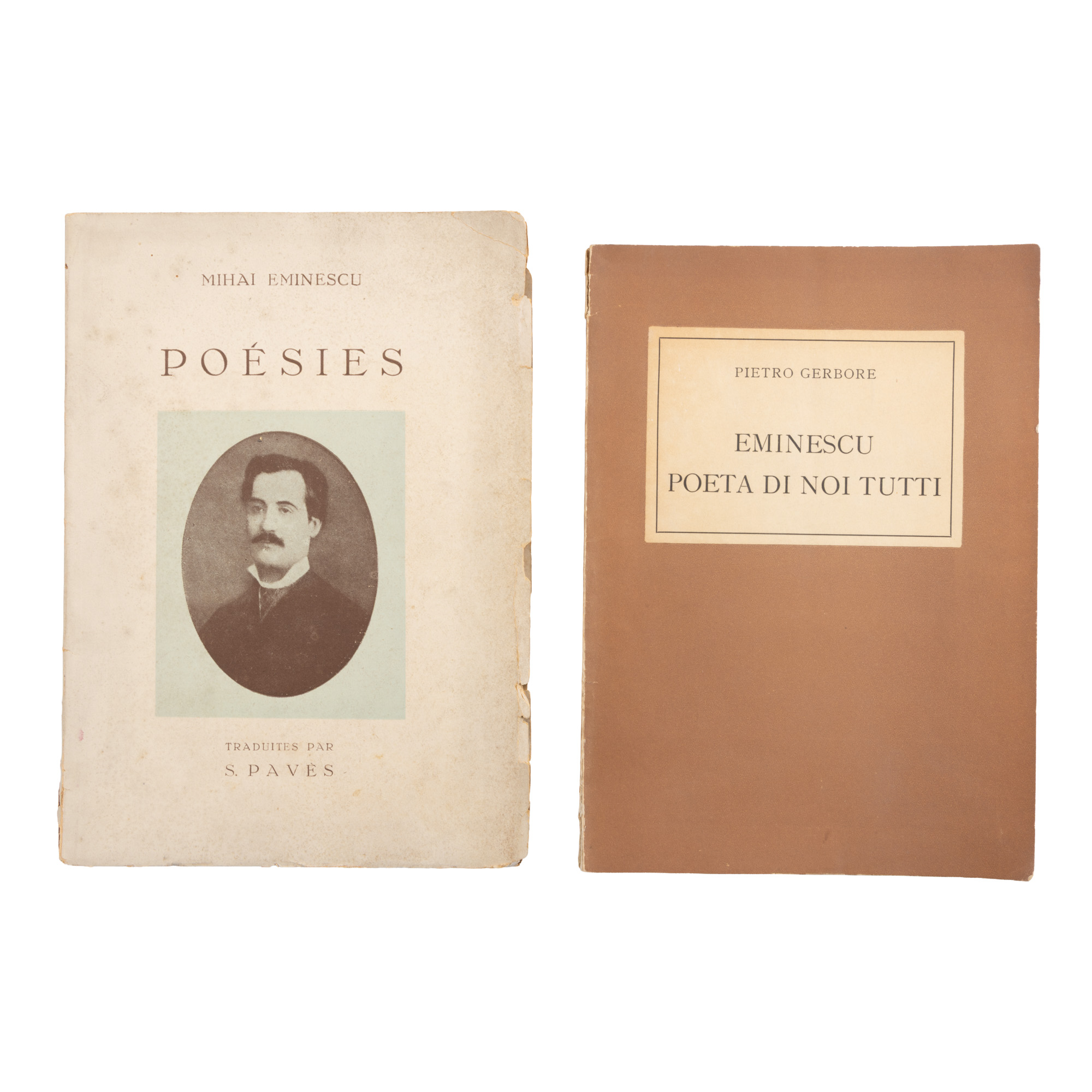 Lot format din ”Poezii”, de Mihai Eminescu, franceză, și ”Eminescu. Poetul nostru al tuturor”, de Pietro Gerbore, italiană, București, 1943-1945, provin din colecția scriitorului Pericle Martinescu