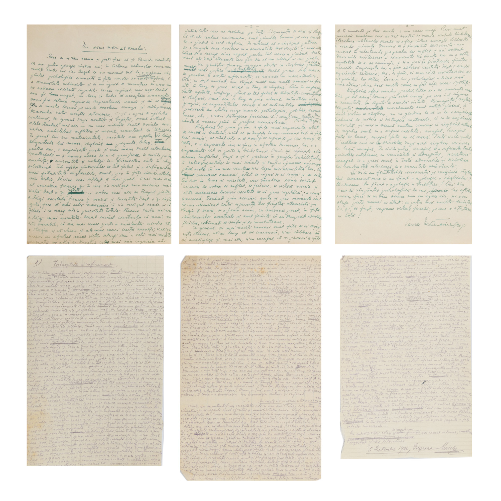 Lot din 2 manuscrise ”Un sens nou al omului” și ”Virtuozitate și rafinament”, de Pericle Martinescu, din a cărui colecție provin, 5 septembrie 1933 (6 file)