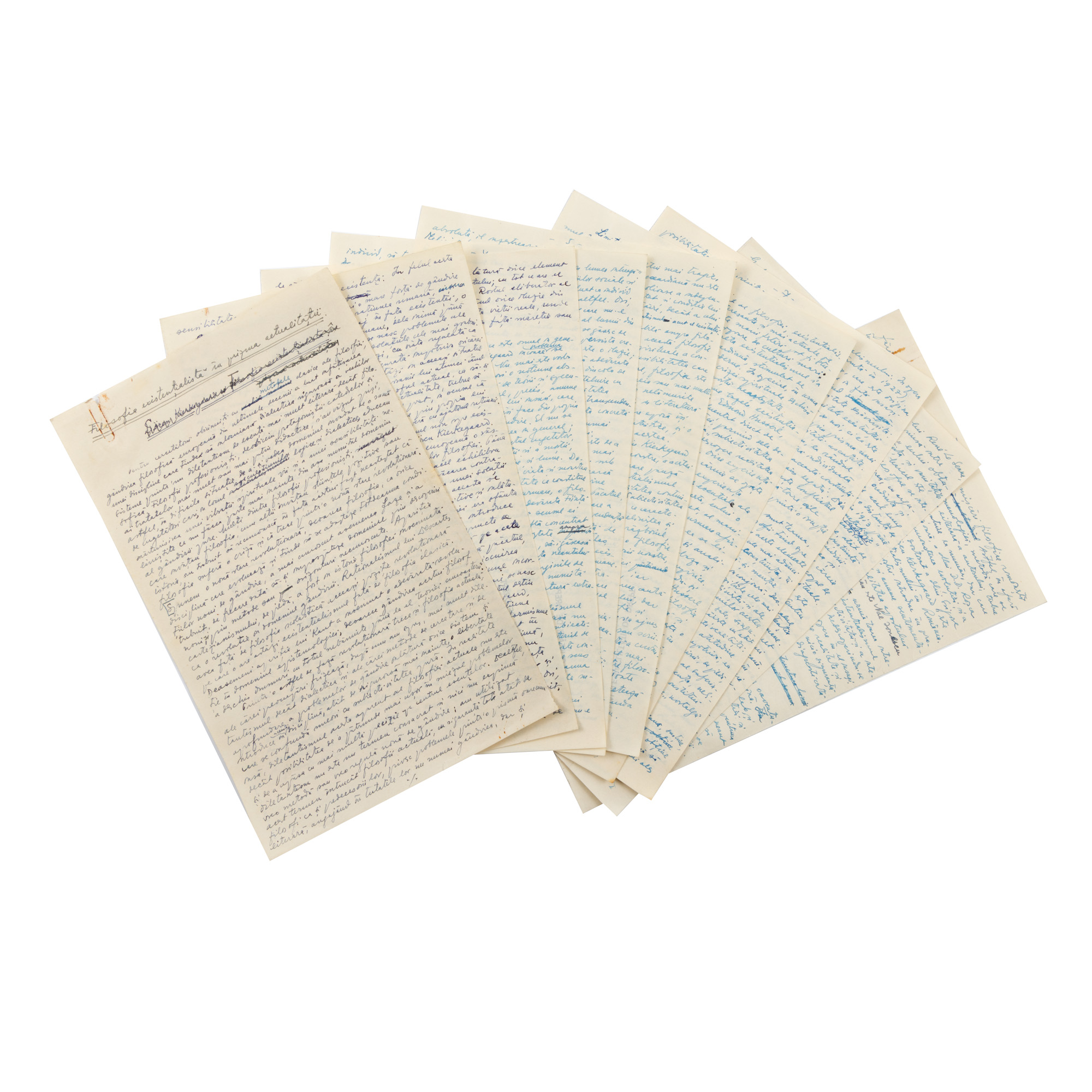 Manuscris ”Filosofia existențialistă în viziunea actualității”, de Pericle Martinescu, din a cărui colecție provine, cca. 1945, cu semnătura olografă a autorului (10 file)