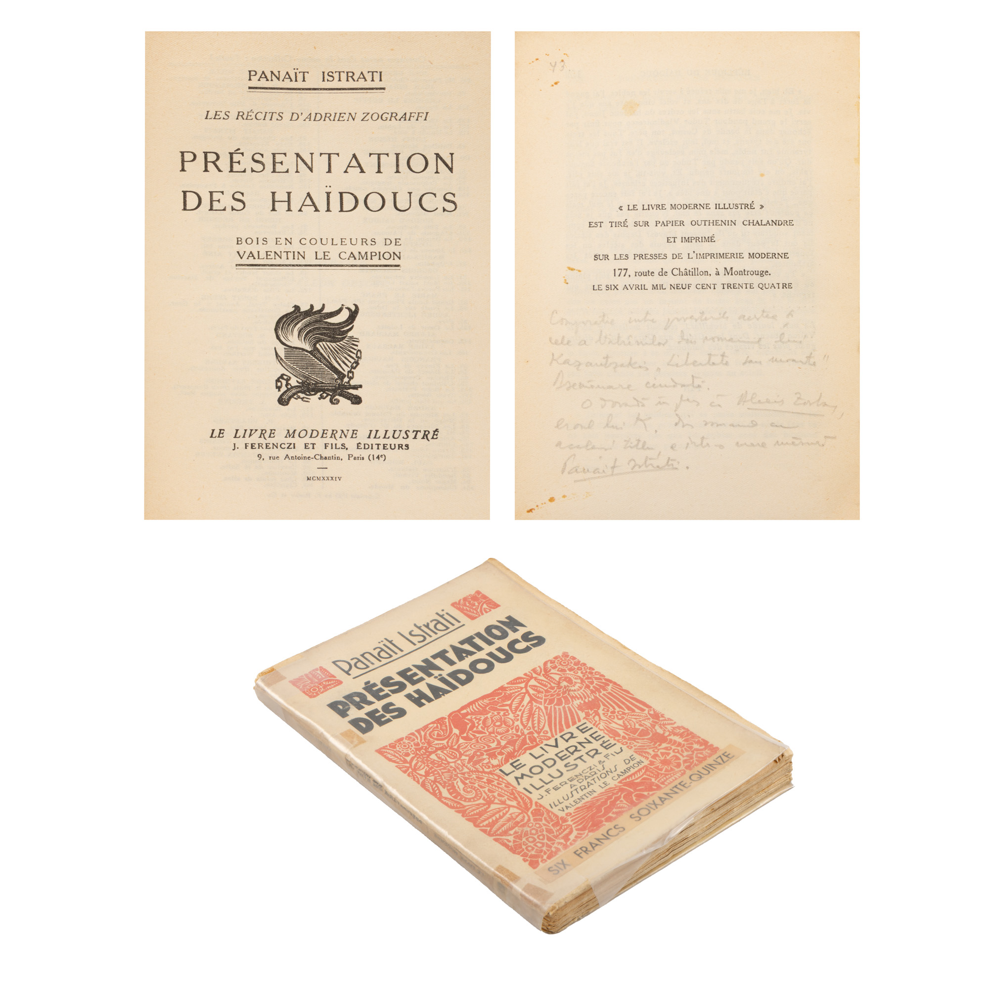 ”Prezentarea Haiducilor”, de Panait Istrati, franceză, Paris, 1934, cu un comentariu critic olograf al lui Pericle Martinescu, din a cărui colecție provine