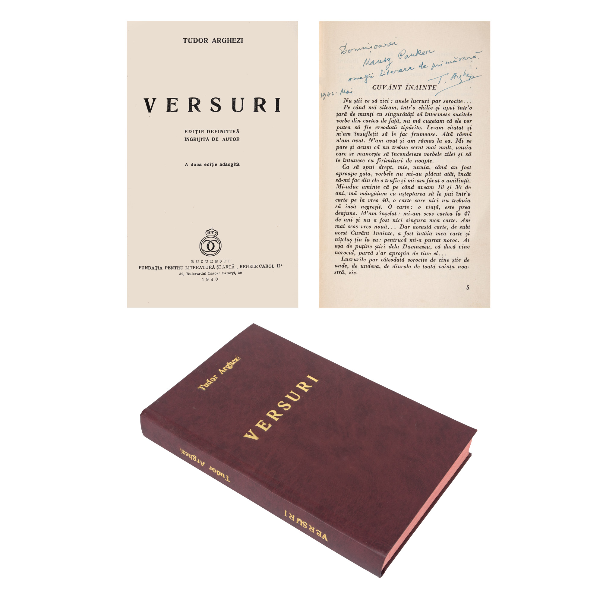 ”Versuri”, de Tudor Arghezi, București, 1940, cu semnătura și dedicația olografe ale autorului către Mausy Pauker