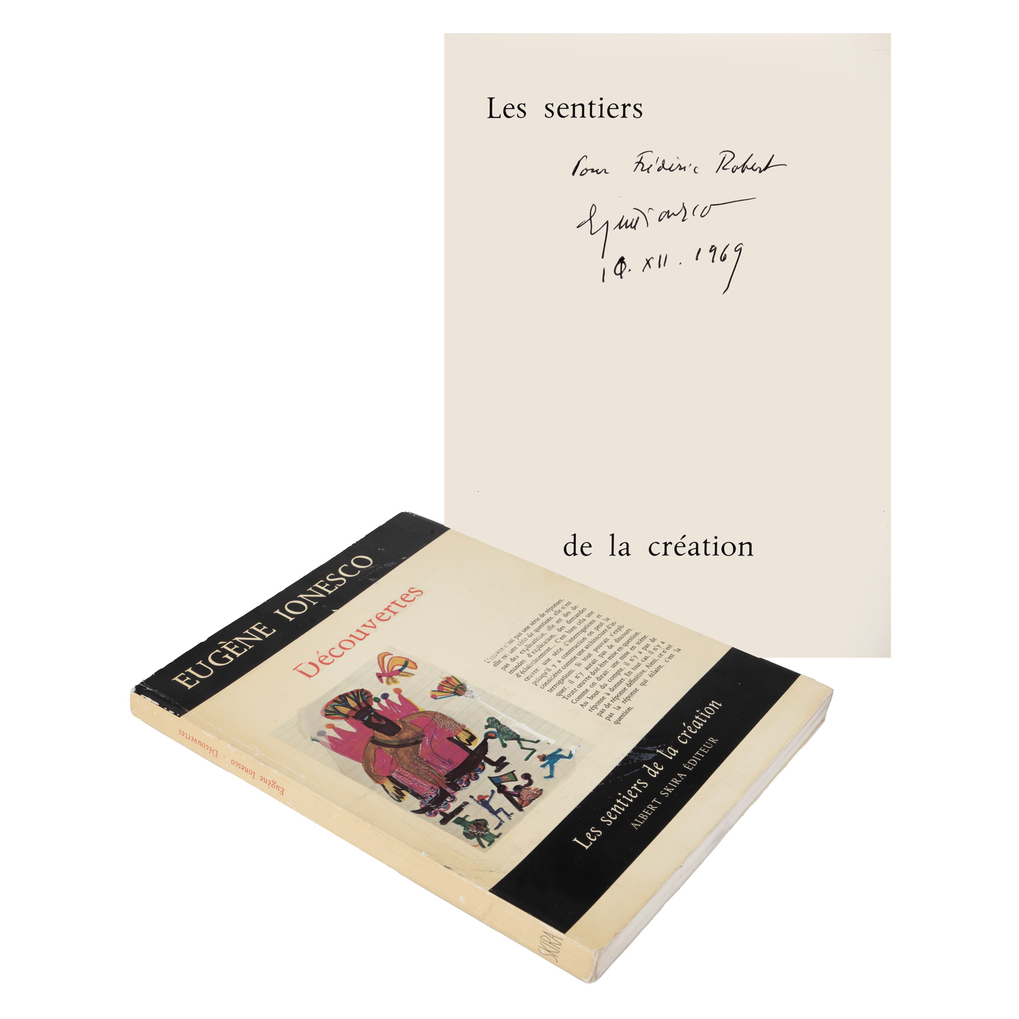 ”Descoperiri”, de Eugen Ionescu, franceză, Geneva, 1969, cu dedicația olografă a autorului