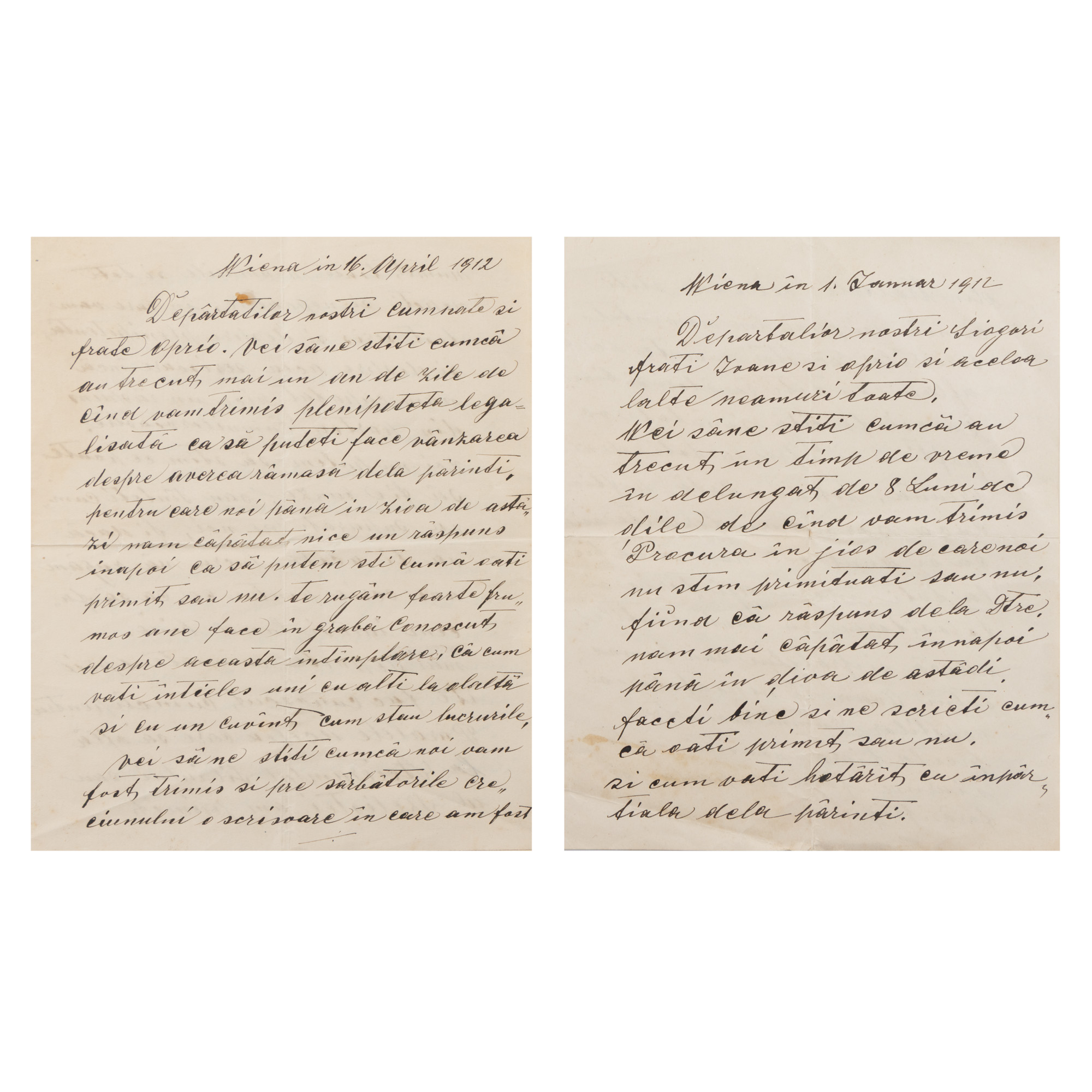 Lot consisting of two letters addressed to Dr. Lazăr Popovici, Vienna, January 1 and April 16, 1912 (4 pages)