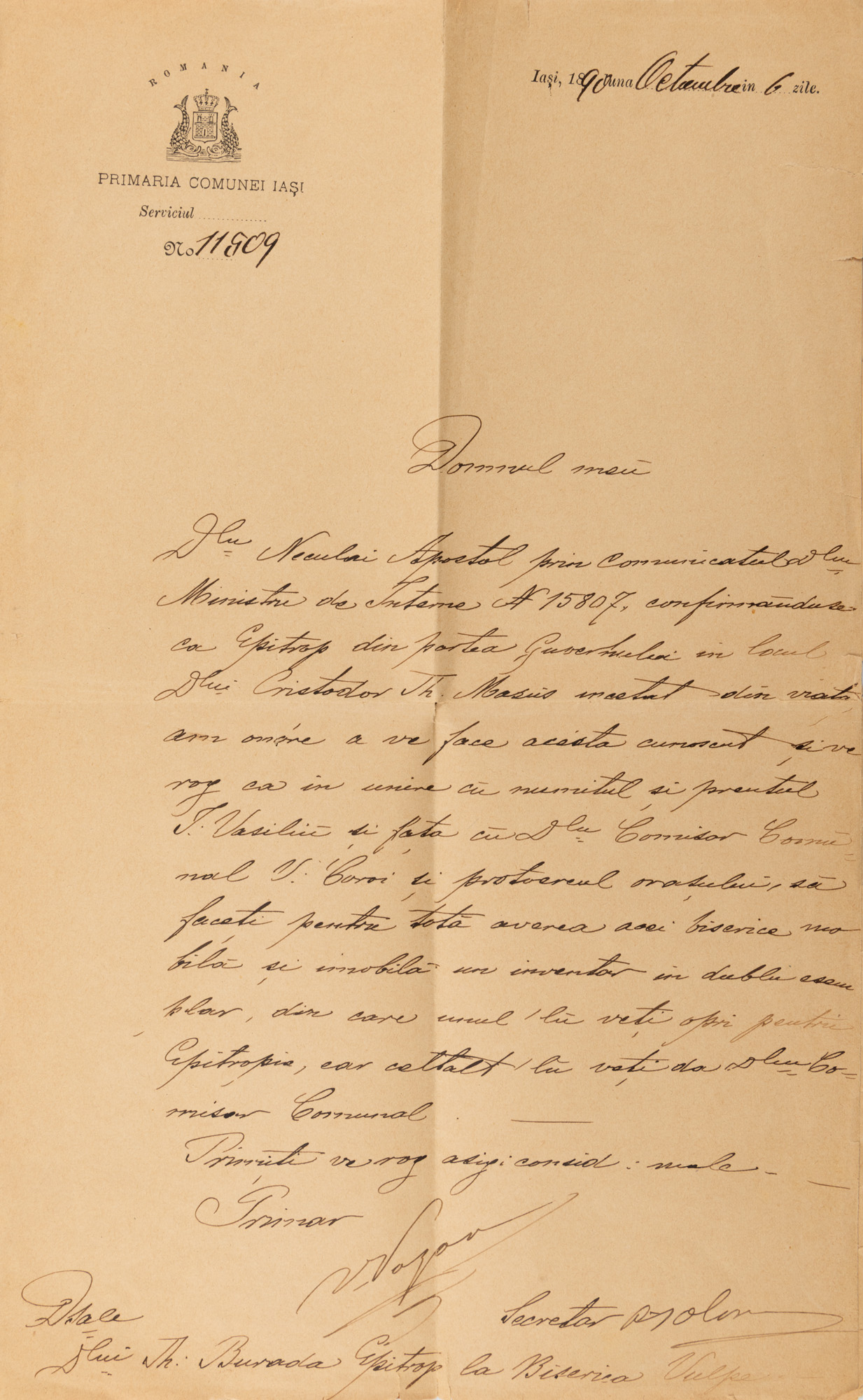 Document with the holograph signature of Vasile Pogor, Iasi, October 6th, 1890 (one page)