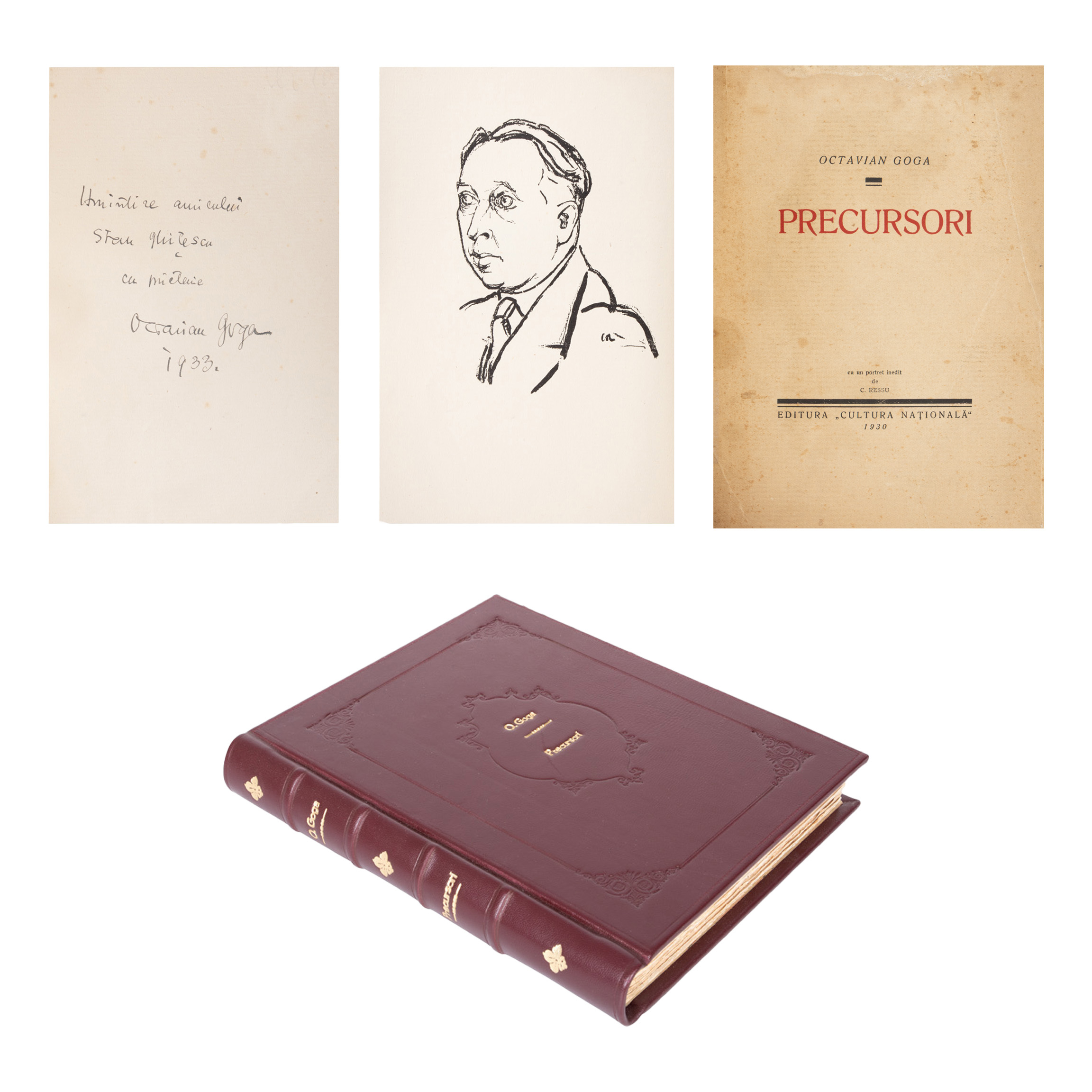 "Precursors" by Octavian Goga, first edition, Bucharest, 1930, with portrait made by Camil Ressu, copy 95/124, with the dedication and handwritten signature of the author