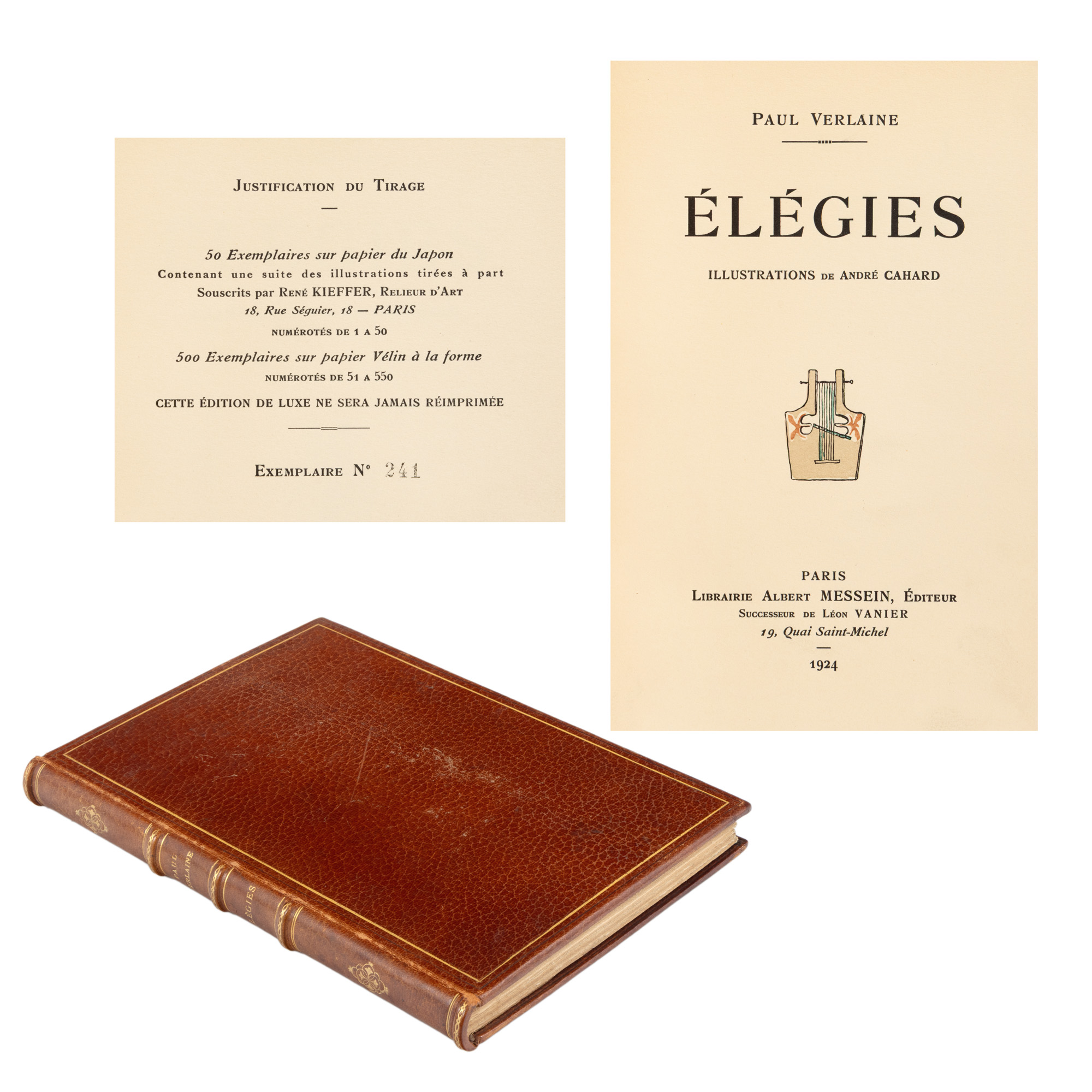 "Elegies" by Paul Verlaine, French, Paris, 1924, luxury edition, with 36 manually colored lithographs by André Cahard, copy 241/550