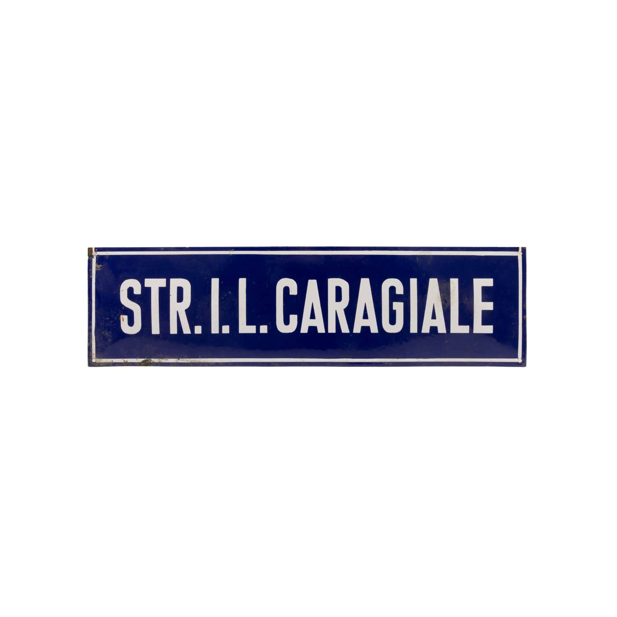 Placă stradală pe tablă emailată, cu numele celebrului dramaturg Ion Luca Caragiale, anii '70, piesă de colecție