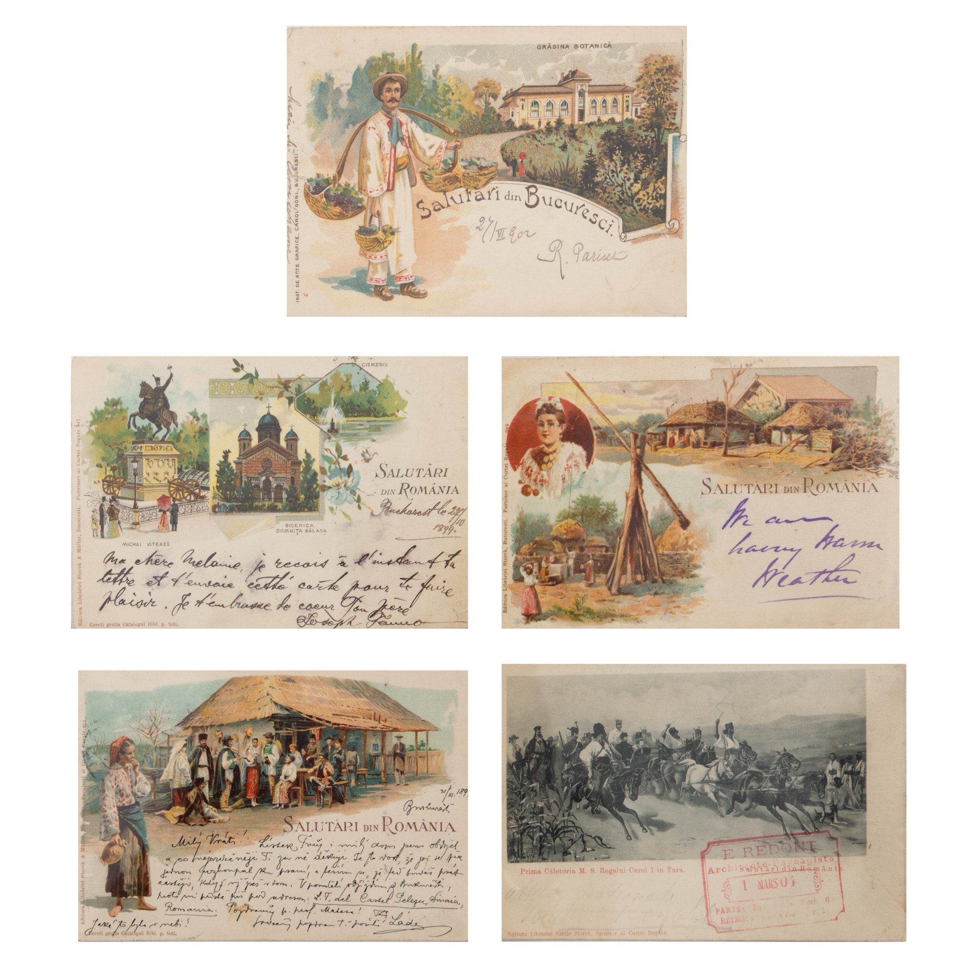 Lot de ștampilografie poștală cartofilă format din 5 cărți poștale românești clasice, 1899-1904