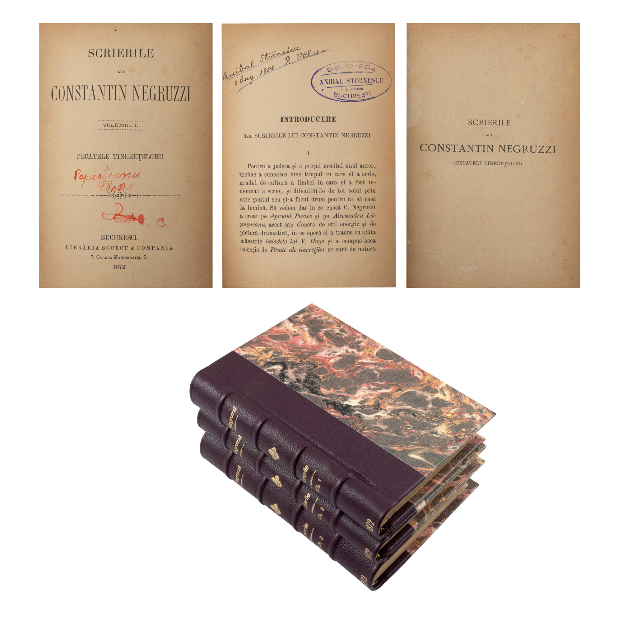 ”Scrieri”, de Costache Negruzzi, ediție princeps, trei volume, București, 1872-1873, cu ex libris Anibal Stoenescu