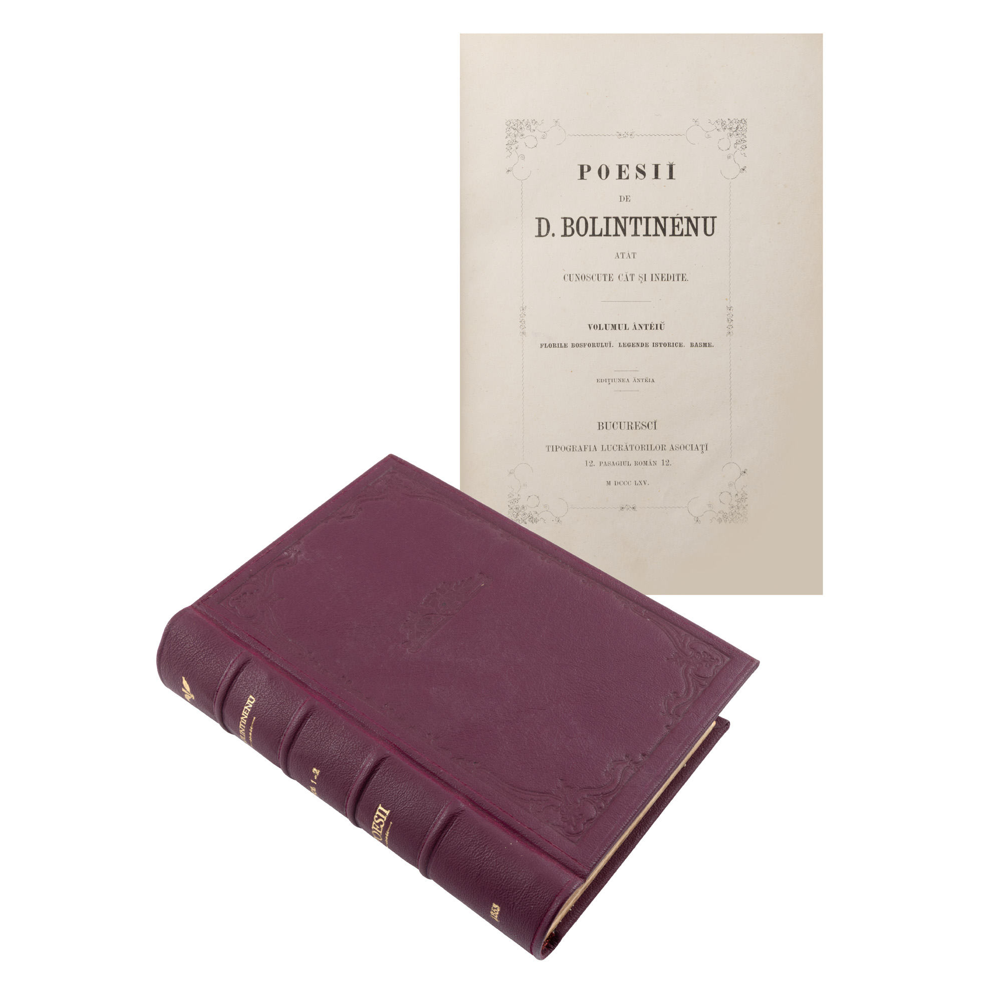 Two volumes bound together "Poems" by Dimitrie Bolintineanu, princeps edition, Bucharest, 1865