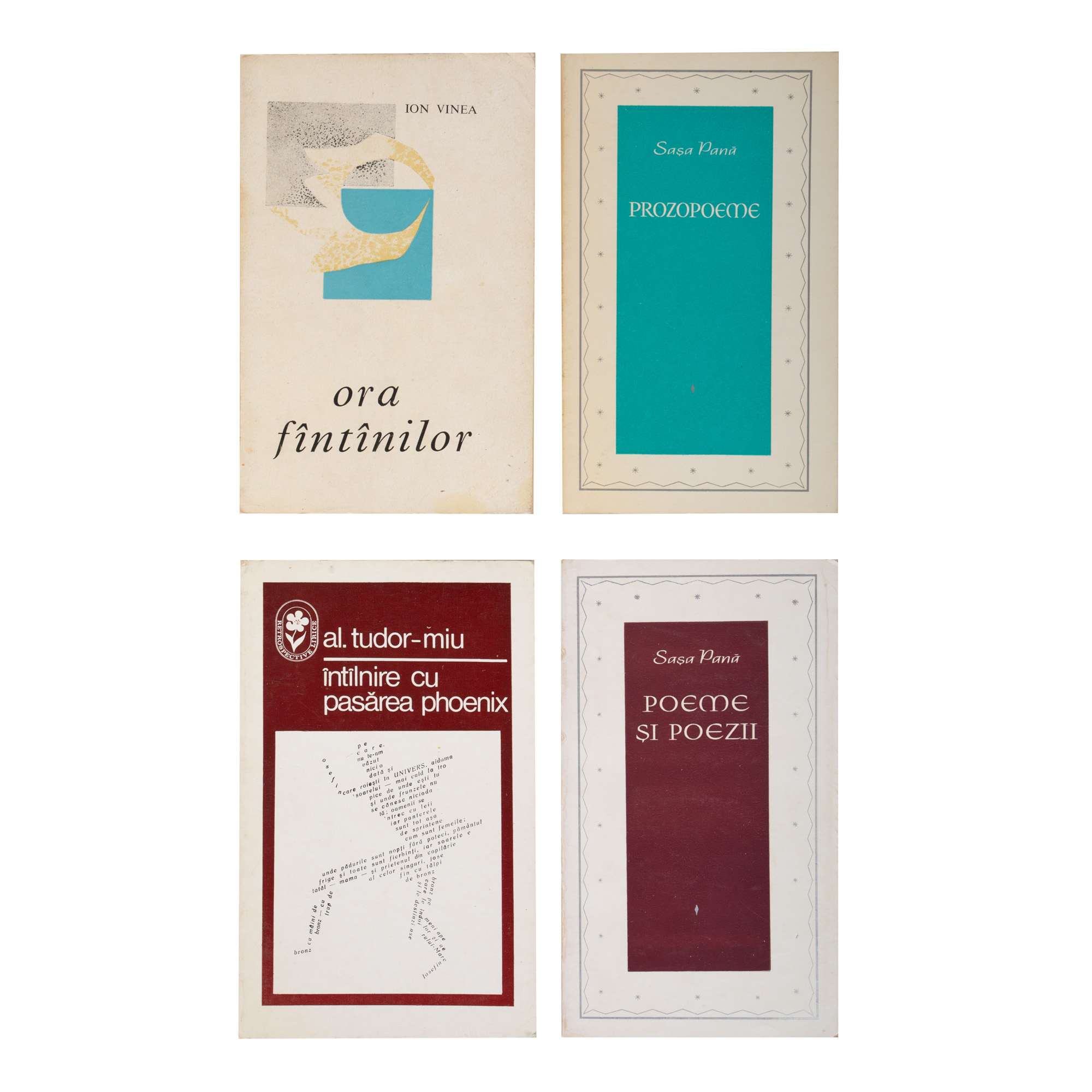 Lot de avangardă literară alcătuit din ”Ora fîntînilor”, de Ion Vinea, ”Întîlnire cu pasărea Phoenix”, de Alexandru Tudor-Miu, cu un portret de Jules Perahim, ”Poeme și poezii” și ”Prozopoeme”, de Sașa Pană, București, 1964-1973, provin din colecția criticului și istoricului literar Magdalena Popescu-Bedrosian