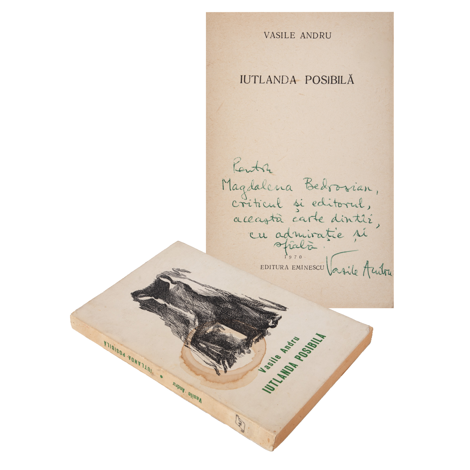 "Possible Jutland", by Vasile Andru, first edition, Bucharest, 1970, with the dedication and holograph signature of the author, comes from the collection of critic and literary historian Magdalena Popescu-Bedrosian.