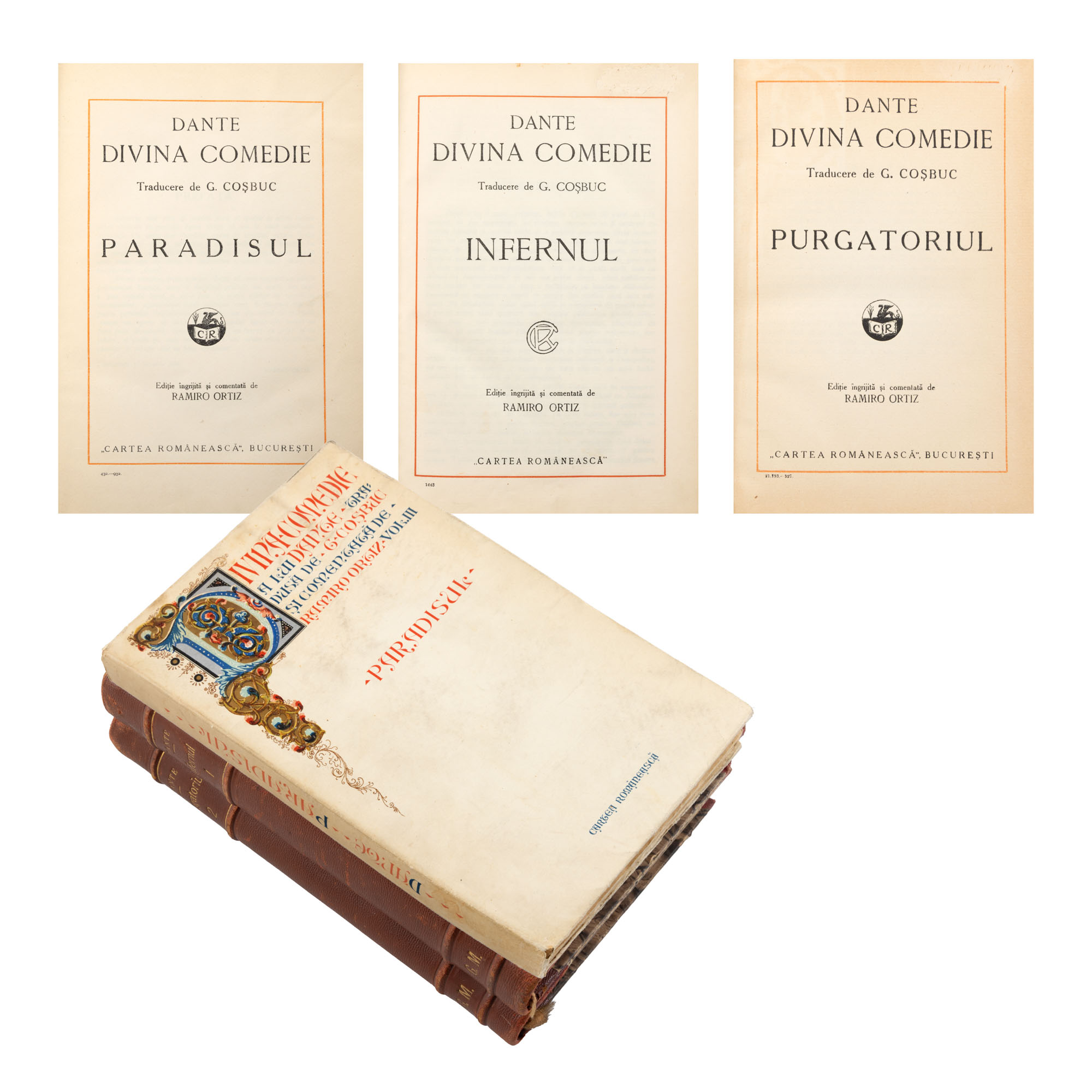 "Divine Comedy", by Dante Aligheri, three volumes, translated by George Coșbuc, edition supervised by Ramiro Ortiz, Bucharest, 1932, comes from the collection of the critic and literary historian Magdalena Popescu-Bedrosian.