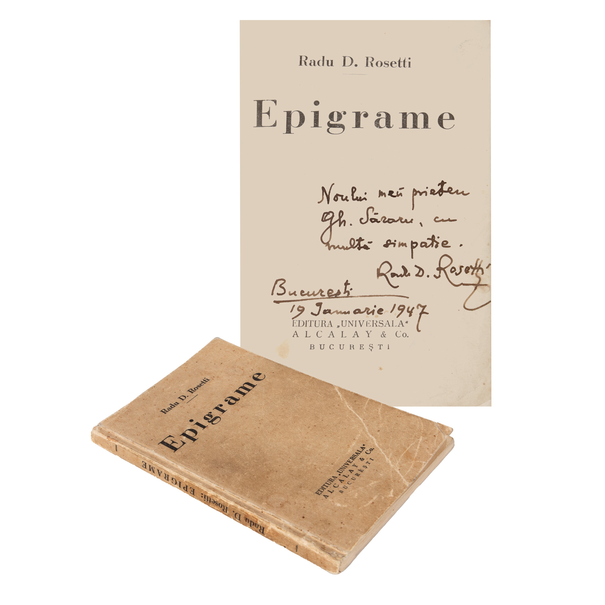 "Epigrams", by Radu D. Rosetti, Bucharest, 1949, with the dedication and handwritten signature of the author