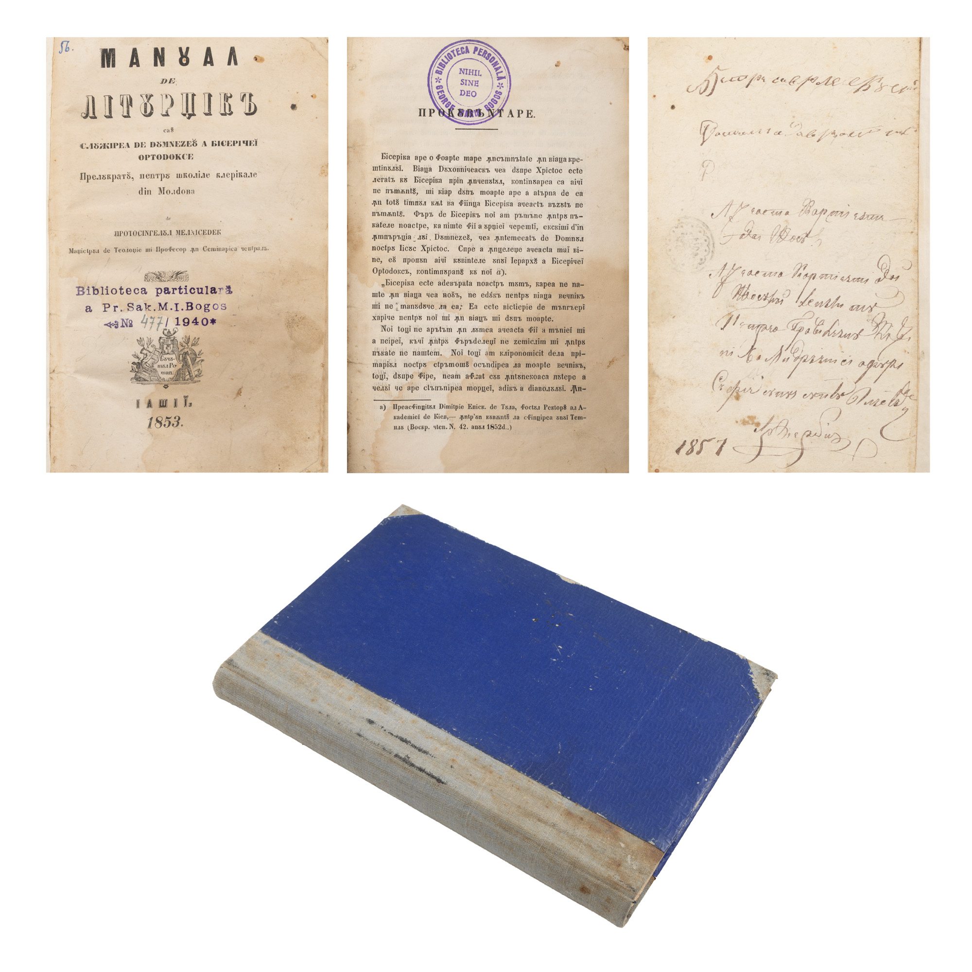 ”Manual de Liturgică”, de protosinghelul Melchisedec, 1853, cu ex libris de proprietate