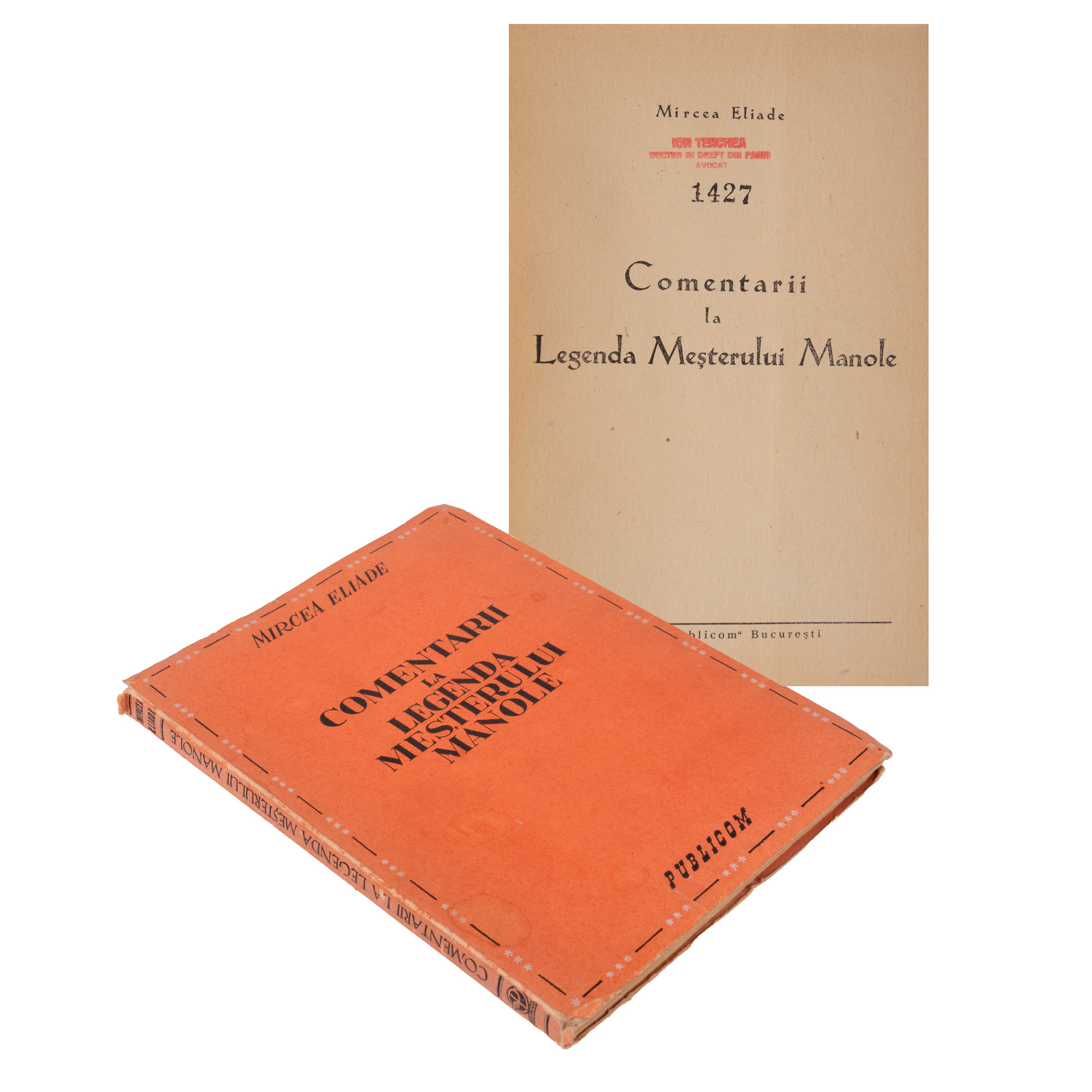 ”Comentarii la legenda meșterului Manole”, de Mircea Eliade, ediție princeps, București, 1943, cu ex libris