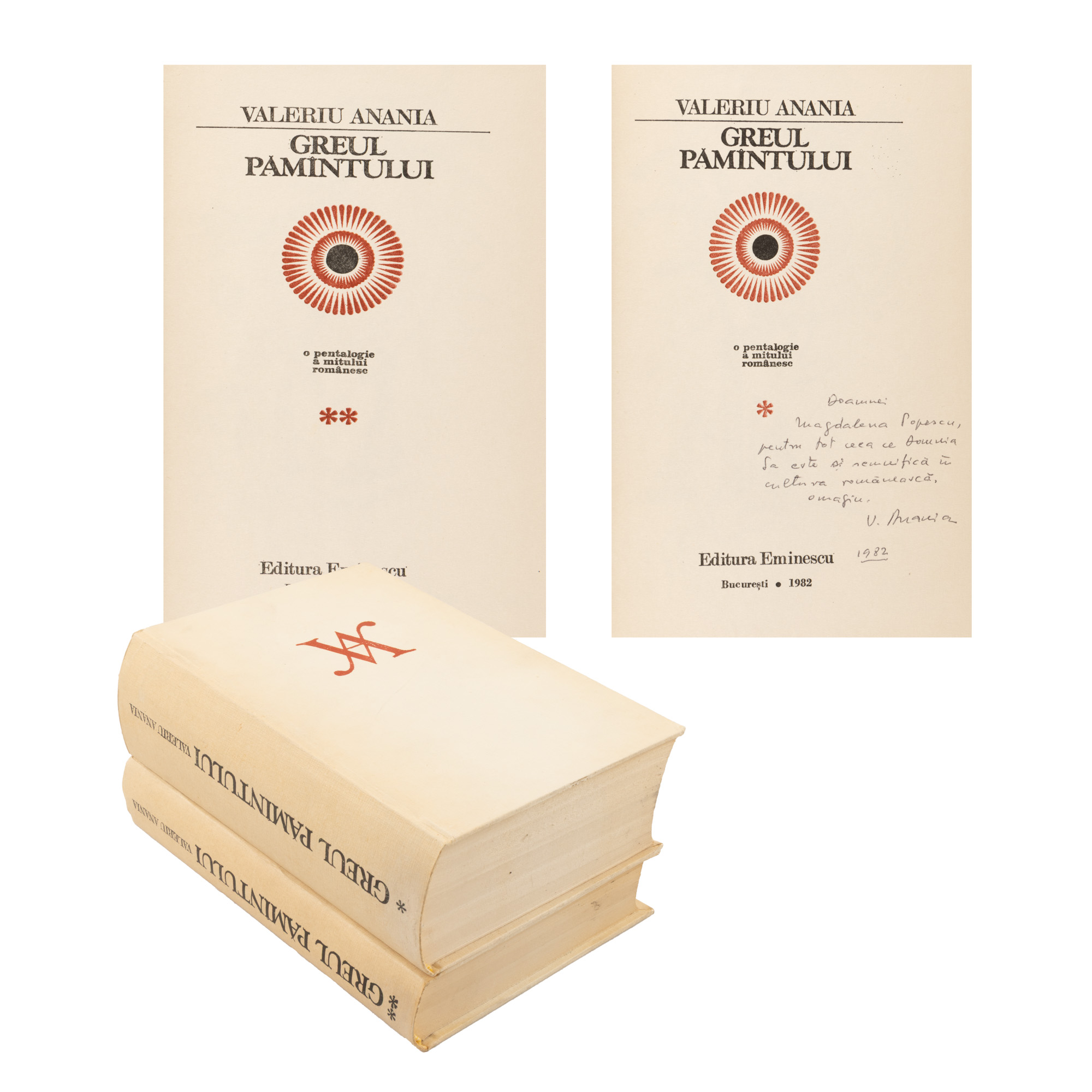 "The Horror of the Earth" by Valeriu Anania, two volumes, Bucharest, 1982, with the dedication and the handwritten signature of the author to Magdalena Popescu-Bedrosian, from whose collection they originate.