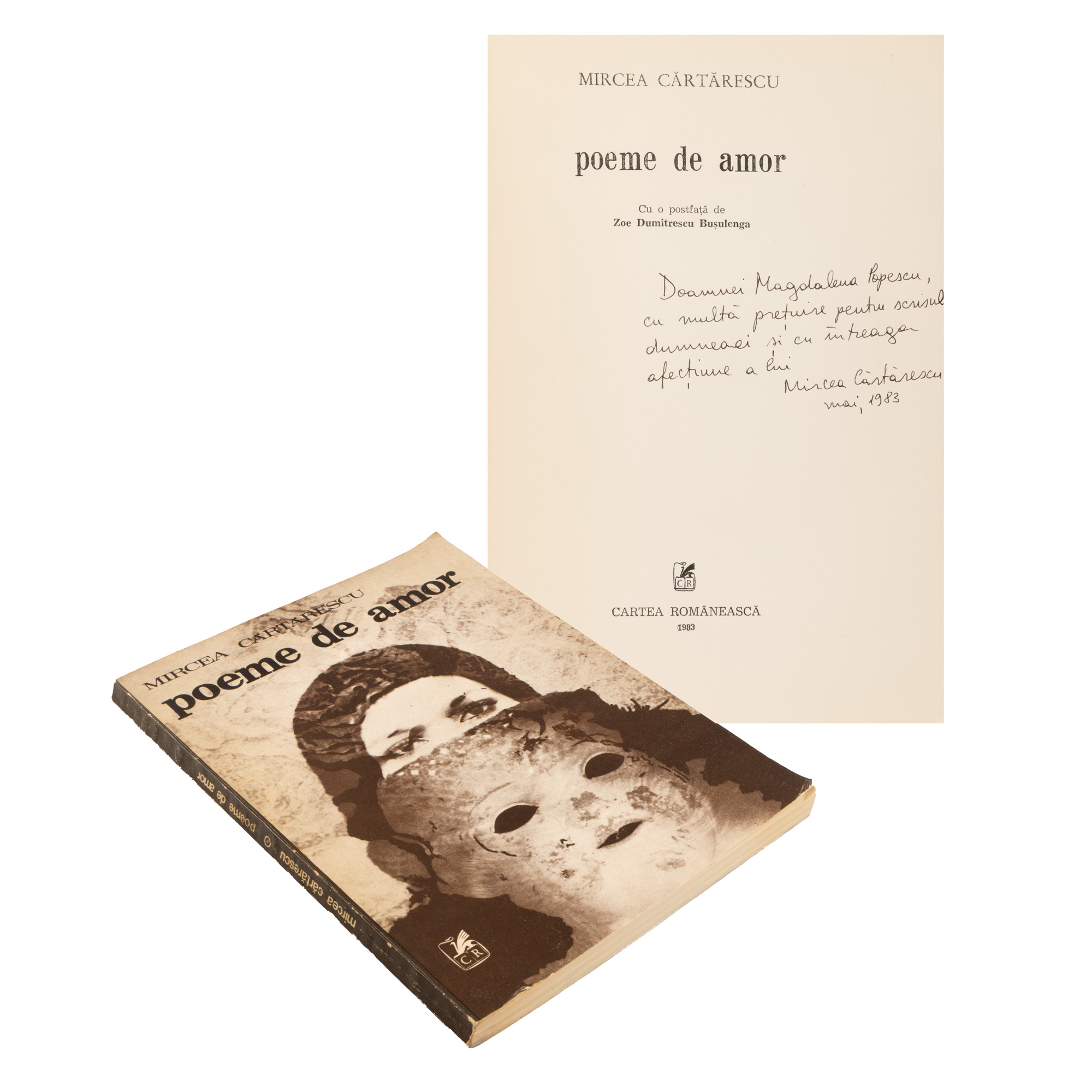 "Love Poems" by Mircea Cărtărescu, Bucharest, 1983, with handwritten dedication and signature of the author to Magdalena Popescu-Bedrosian, from whose collection it originates.