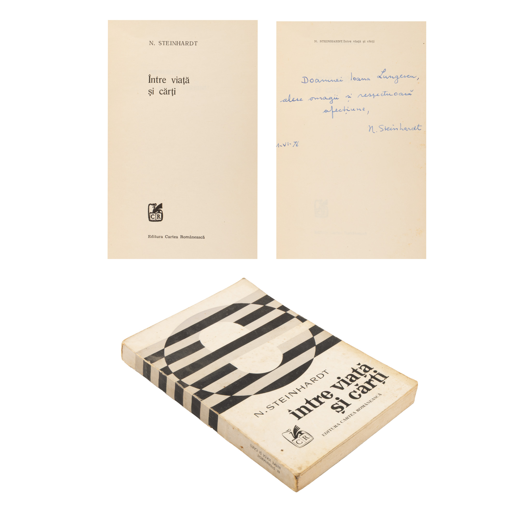"Between Life and Books", by Nicolae Steinhardt, Bucharest, 1976, with the dedication and handwritten signature of the author, comes from the collection of the critic and literary historian Magdalena Popescu-Bedrosian.