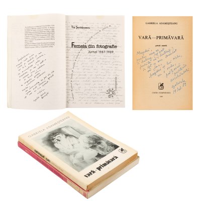 Lot format din ”Vară-primăvară”, de Gabriela Adameșteanu și ”Femeia din fotografie”, de Tia Șerbănescu, ediții princeps, București, 1989-2002, cu dedicațiile și semnăturile olografe ale autoarelor către Magdalena Popescu-Bedrosian, din a cărei colecție provin
