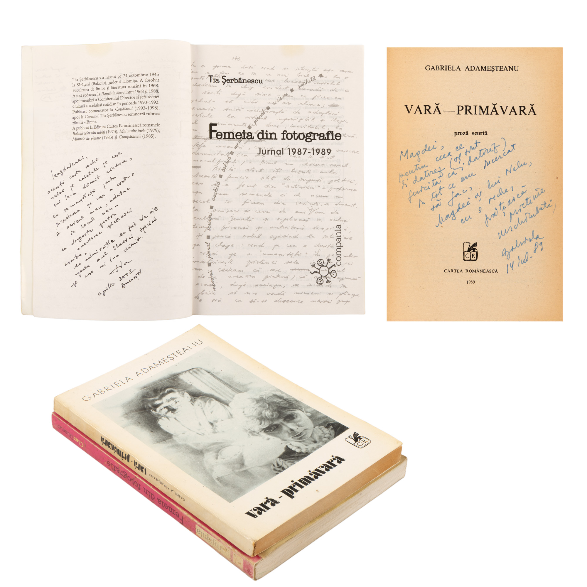 Lot format din ”Vară-primăvară”, de Gabriela Adameșteanu și ”Femeia din fotografie”, de Tia Șerbănescu, ediții princeps, București, 1989-2002, cu dedicațiile și semnăturile olografe ale autoarelor către Magdalena Popescu-Bedrosian, din a cărei colecție provin