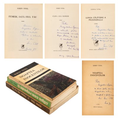 Lot format din ”Clipa cea repede”, ”Femeie, iată fiul tău”, ”Noaptea inocenților” și ”Lunga călătorie a prizonierului”, de Sorin Titel, ediții princeps, București, 1970-1983, cu dedicațiile și semnăturile olografe ale autorului către către Magdalena Popescu-Bedrosian, din a cărei colecție provin