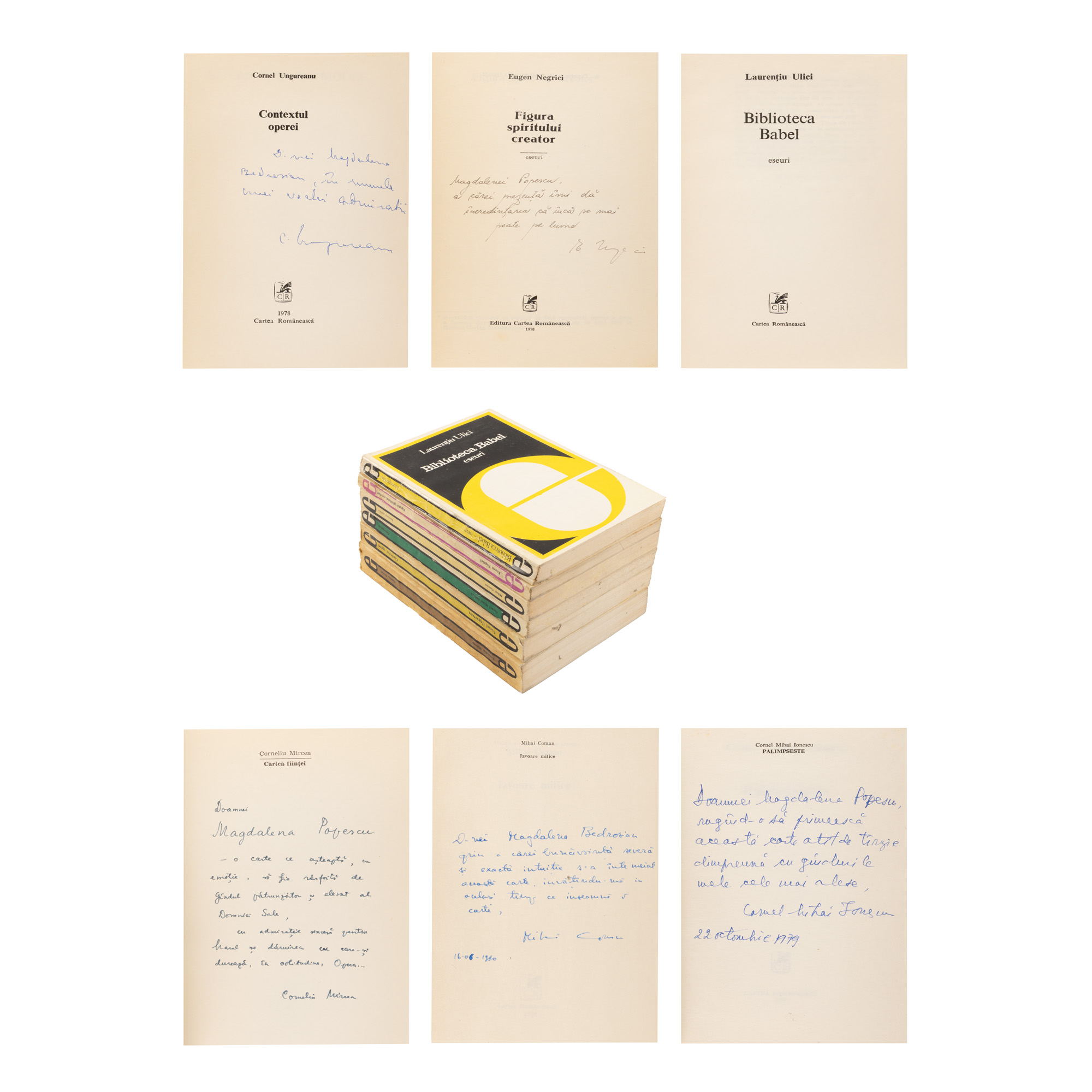 Lot format din 6 cărți, ”Figura spiritului creator”, de Eugen Negrici, ”Biblioteca Babel”, de Laurențiu Ulici, ”Contextul operei”, de Cornel Ungureanu, ”Izvoare mitice”, Mihai Coman, ”Palimpseste”, de Cornel Mihai Ionescu și ”Cartea ființei”, de Corneliu Mircea, ediții princeps, București, 1978-1980, cu dedicațiile și semnăturile olografe ale autorilor către Magdalena Popescu-Bedrosian, din a cărei colecție provin