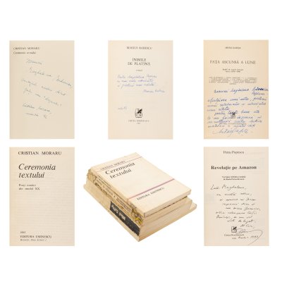 Lot of 4 books, "The Ceremony of the Text", by Cristian Moraru, "Revelation on Amazon", by Petru Popescu, "The Hidden Face of the Moon", by Mihai Gafița, and "Platinum Hearts", by Marius Robescu, princeps editions, Bucharest, 1974-1993, with dedications and handwritten signatures of the authors addressed to Magdalena Popescu-Bedrosian, from whose collection they originate.
