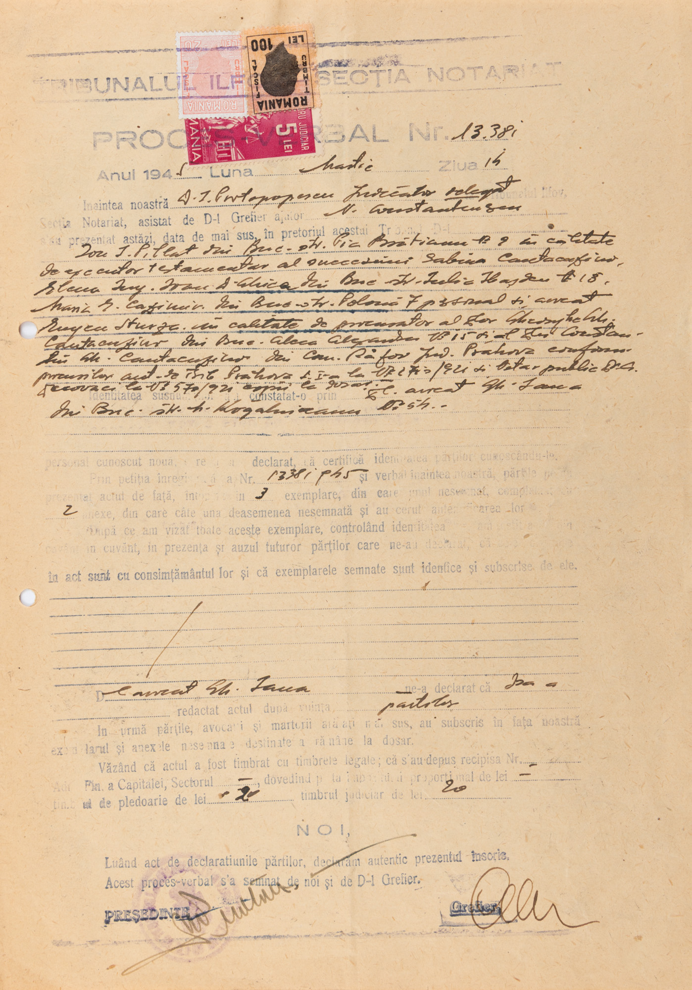 Proces-verbal notarial din anul 1945, emis de Tribunalul Ilfov, Secția Notarială, cu semnătura olografă a lui Ion Pillat (2 file)