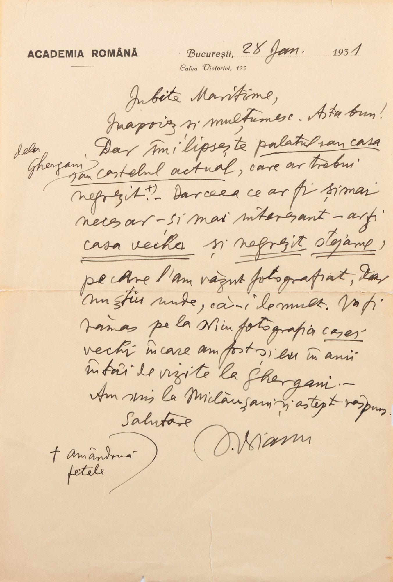 Scrisoare trimisă de Ioan Bianu inginerului Ion D. Ghica, 28 ianuarie 1931, cu senătura olografă (o filă)