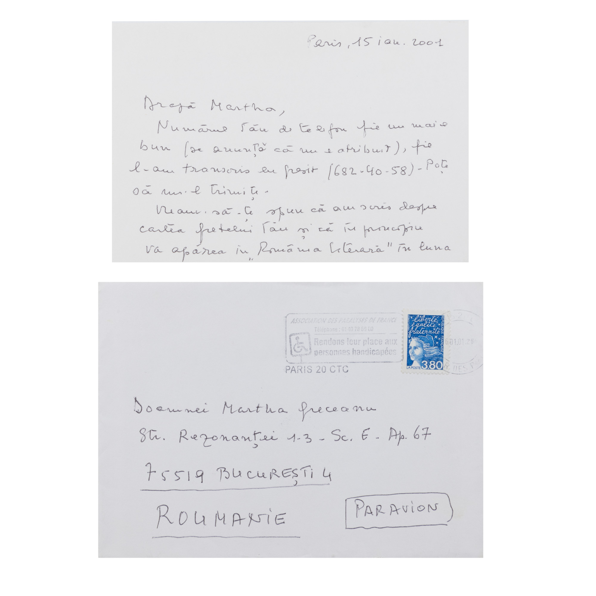 Letter sent by Monica Lovinescu to Martha Greceanu, along with the original envelope, January 15, 2001