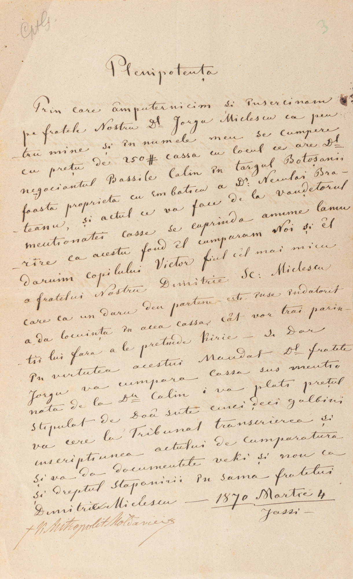 Împuternicire cu semnătura olografă a mitropolitului Calinic Miclescu, 4 martie 1870 (o filă)