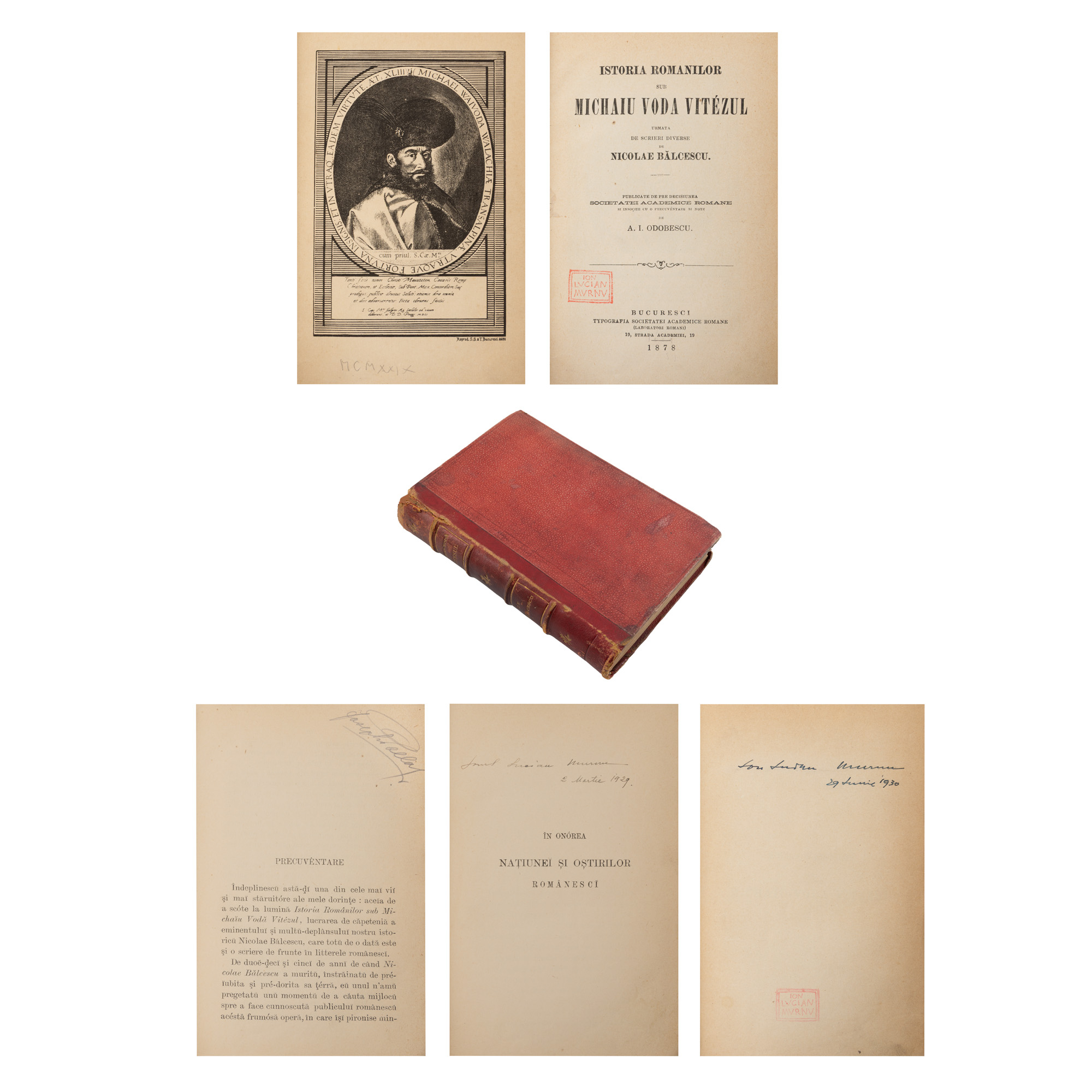 ”Istoria românilor sub Mihai Vodă Viteazul”, de Nicolae Bălcescu, ediție îngrijită de Alexandru Odobescu, București, 1878, cu ex libris și semnătura olografă ale lui Ion Lucian Murnu, din a cărui colecție provine