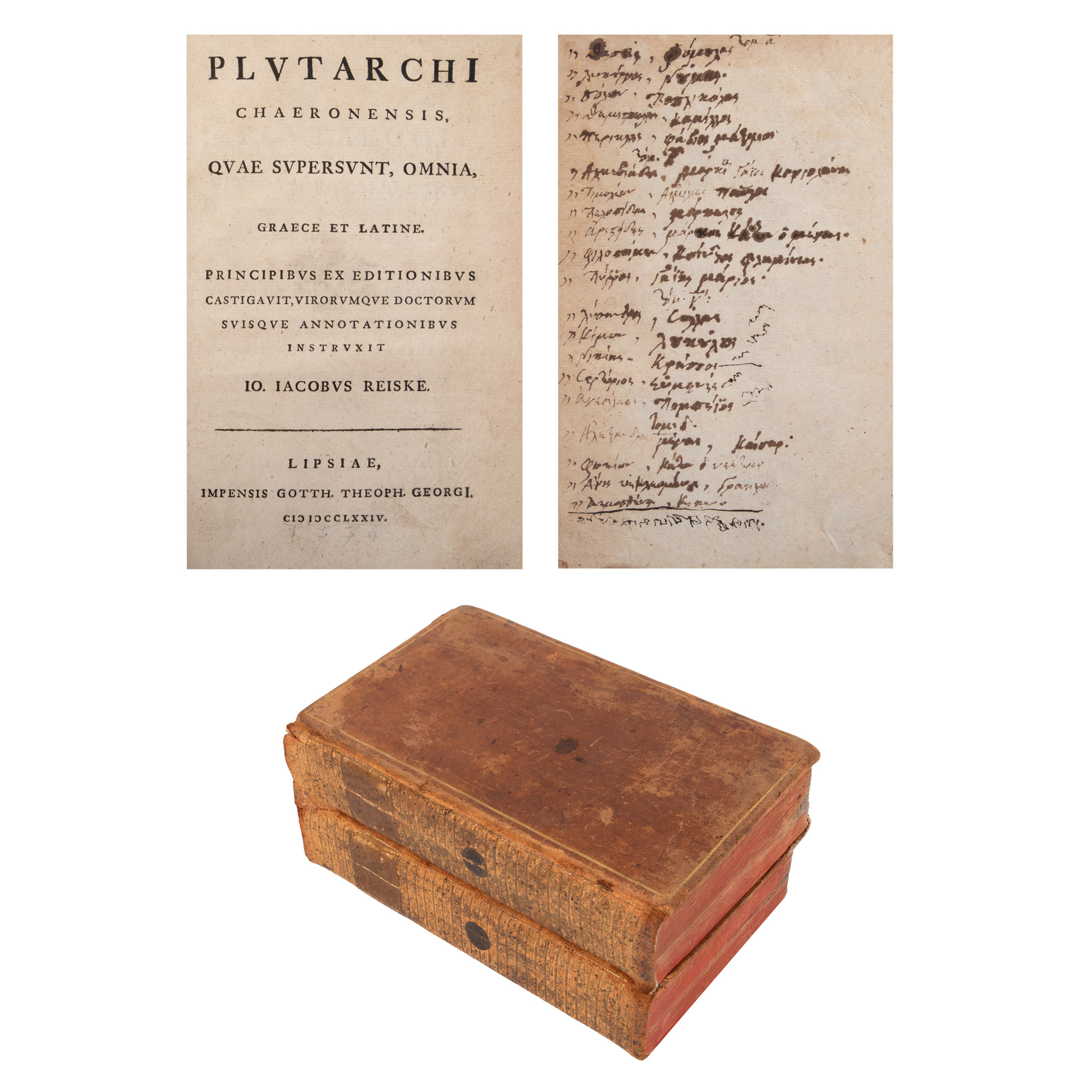 ”Plutarh, Opere”, ediție publicată de Jacob Reiske, greacă și latină, două volume, Leipzig, 1774, cu ex libris, provine din colecția familiei de artiști Murnu