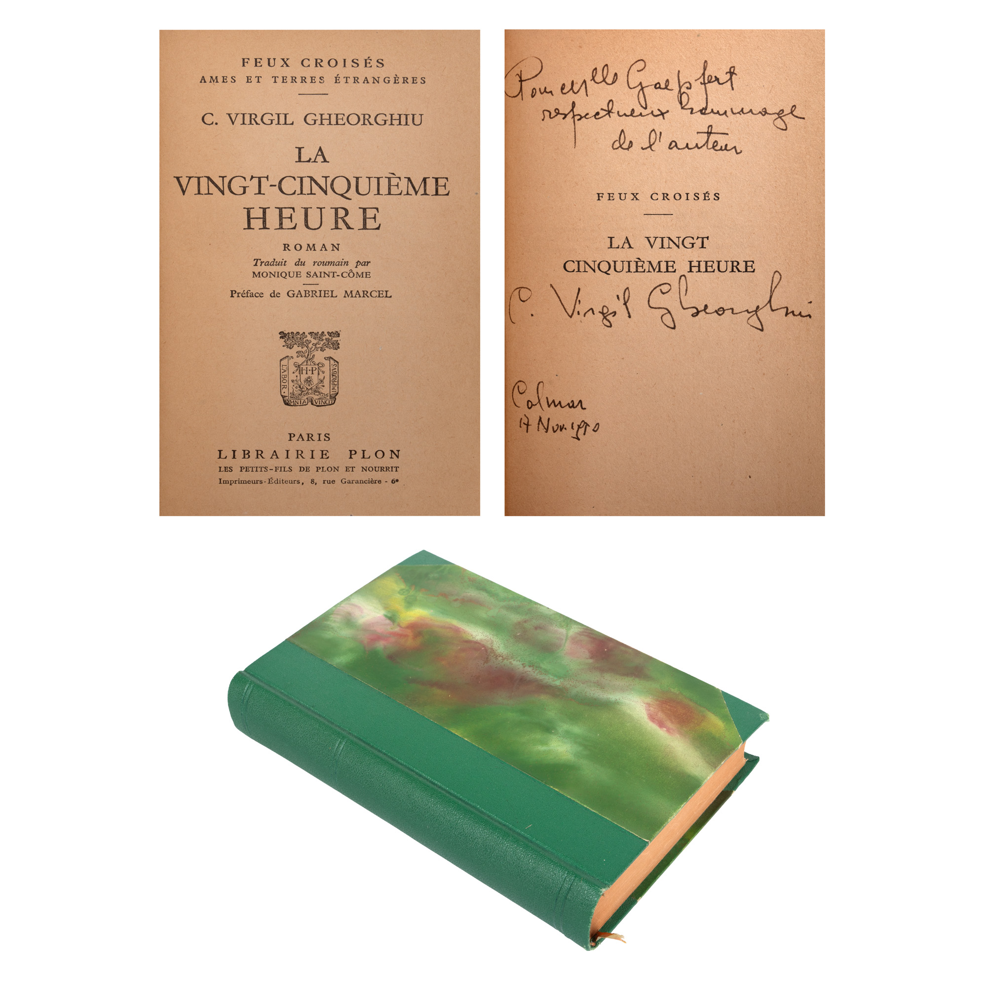 ”Ora 25”, de Constantin Virgil Gheorghiu, franceză, Paris, 1949, cu dedicația și semnătura olografe ale autorului