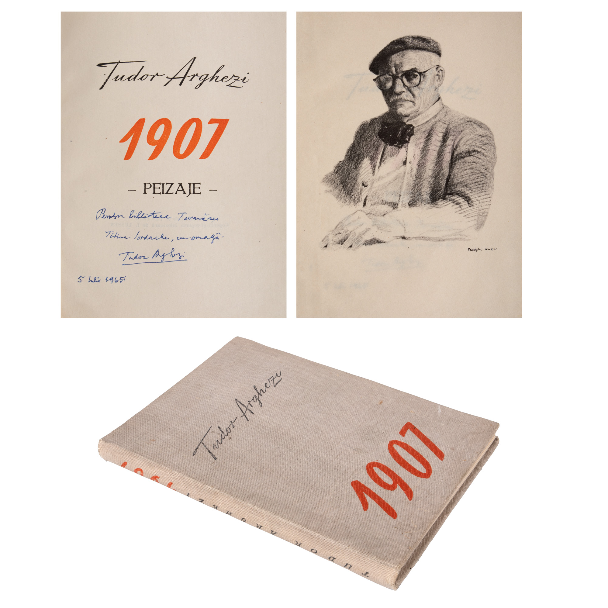 ”1907. Peizaje”, de Tudor Arghezi, ediție princeps, București, 1955, cu un portret realizat de Jules Perahim, dedicația și semnătura olografe ale autorului