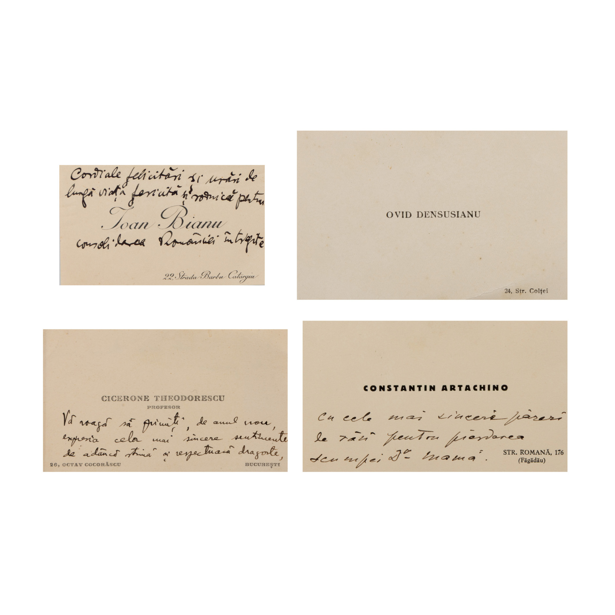 Lot format din 4 cărți de vizită, Constantin Artachino, Ioan Bianu, Ovid Densușianu, Cicerone Theodorescu, cu însemnări și semnături olografe, provin din arhiva Remus Caracaș