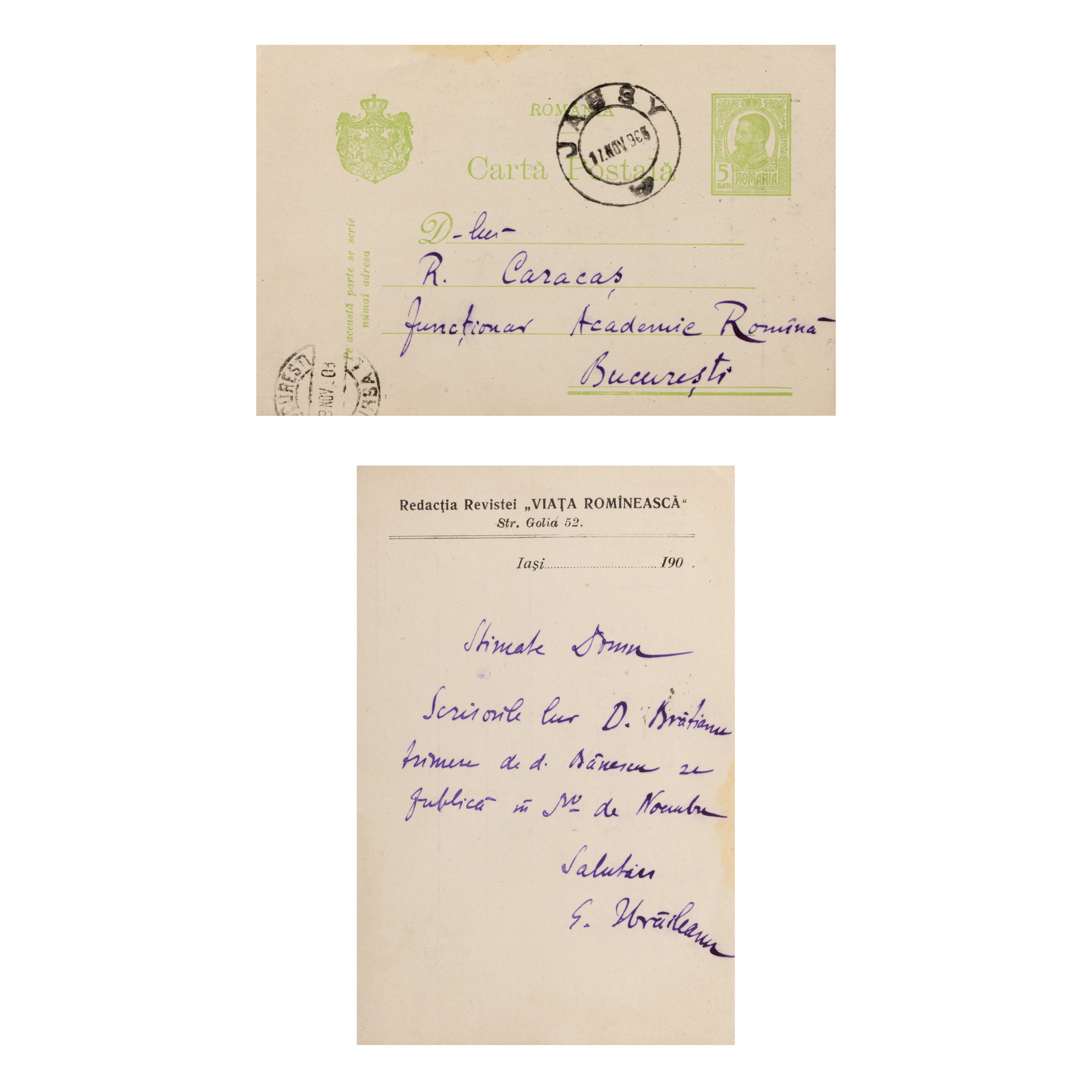 Carte poștală trimisă de criticul literar Garabet Ibrăileanu către Remus Caracaș, Iași, 17 noiembrie 1908, provine din arhiva Remus Caracaș
