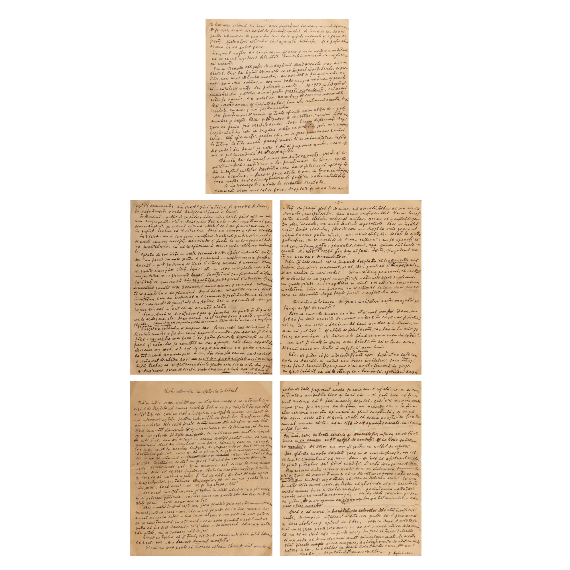 Manuscris ”Chestia salarizării învățătorilor în Ardeal” redactat de Ion Agârbiceanu, scris pentru a fi publicat în revista ”Neamul Românesc” condusă de Nicolae Iorga, cca. 1919, provine din arhiva Remus Caracaș (5 file)