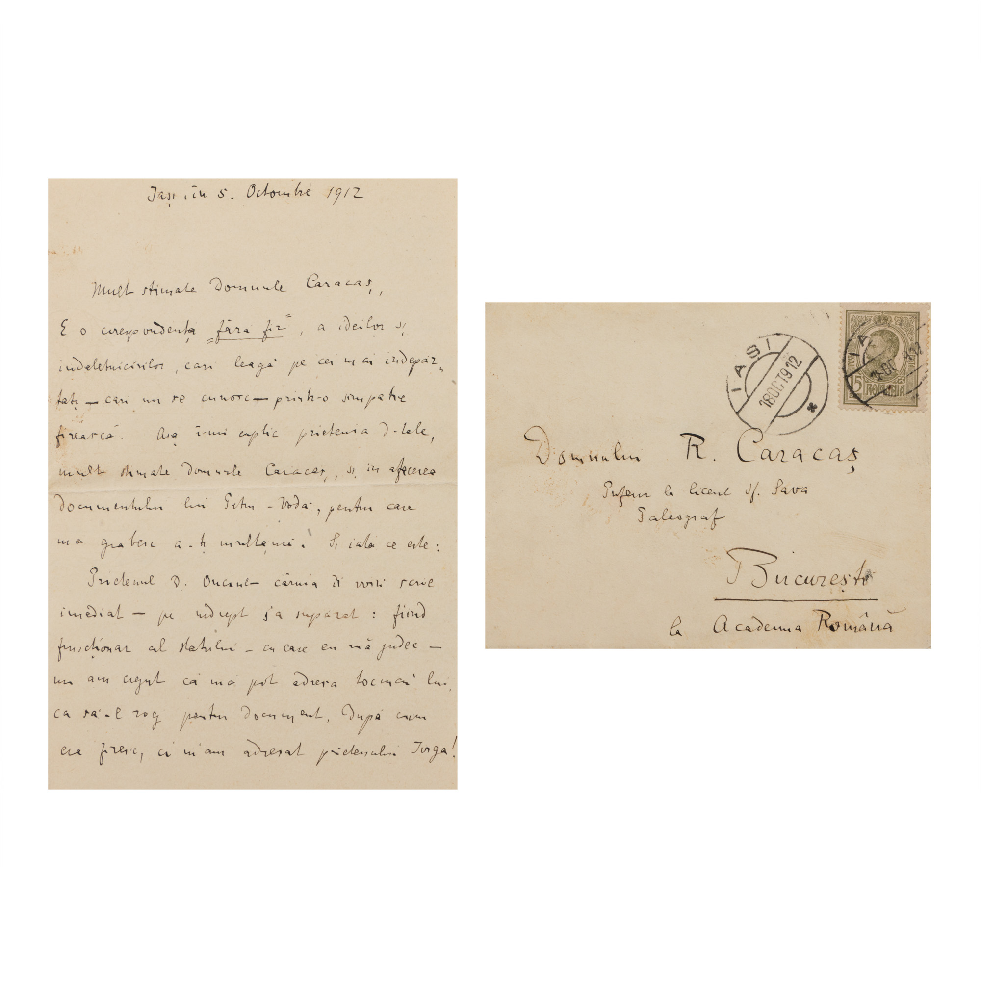 Letter sent by Alexandru C. Cuza to Remus Caracaș, Iași, 5 October 1912, along with the original envelope, come from the Remus Caracaș archive (one page)